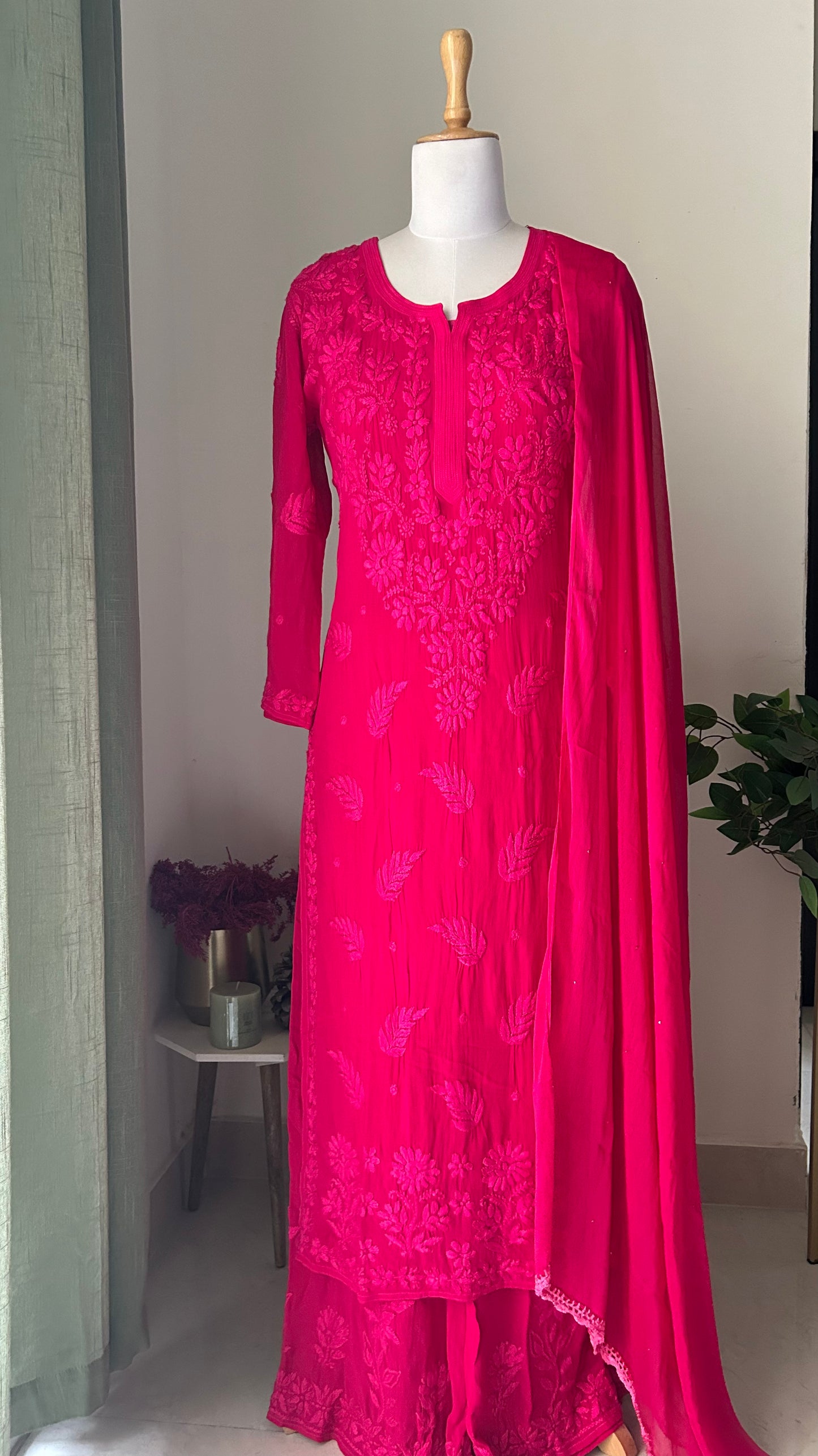 Viscose Georgette Solid 3pc Suit Set - Hot Pink