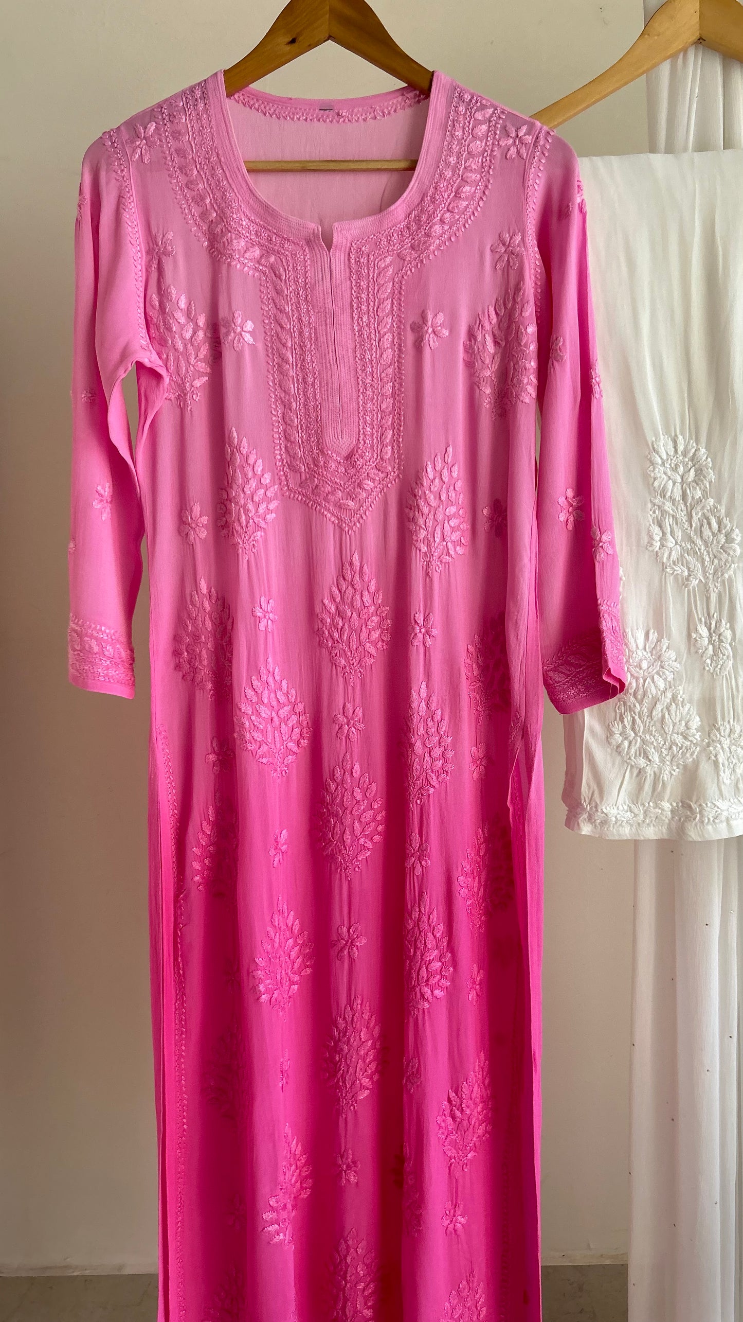 Viscose Georgette 3D Chikankari Ombre Long Kurta - Rose Pink