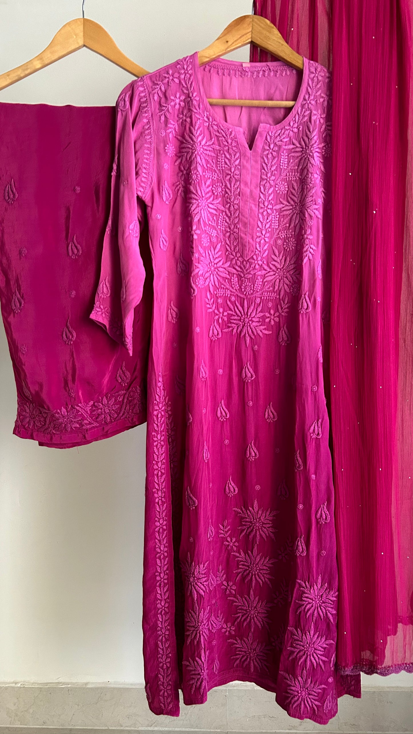 Crape Silk 3D Chikankari Ombre 3Pc Suit Set - Plum