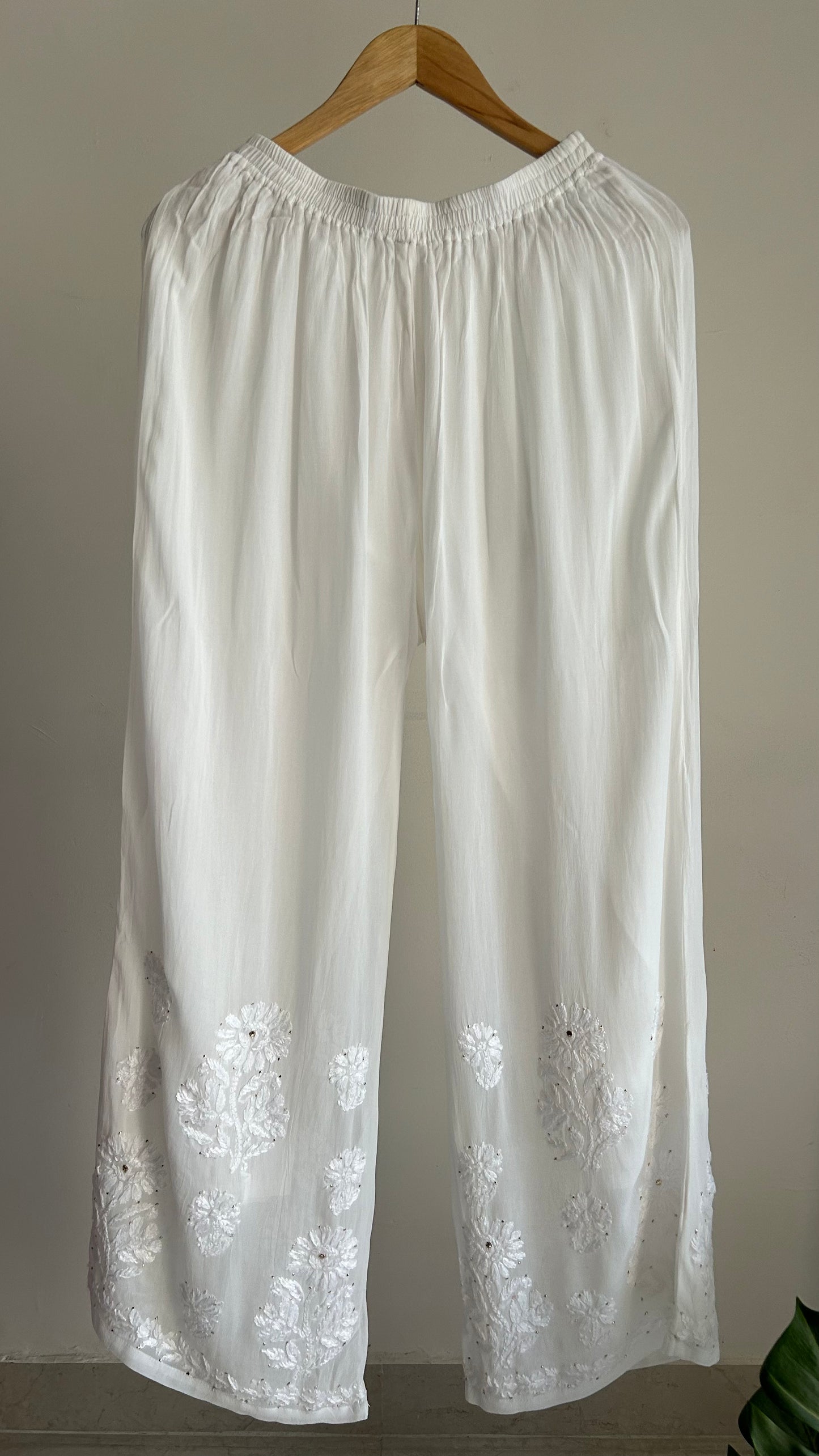 Viscose Georgette Chikankari Straight Palazzo With Mukesh - White