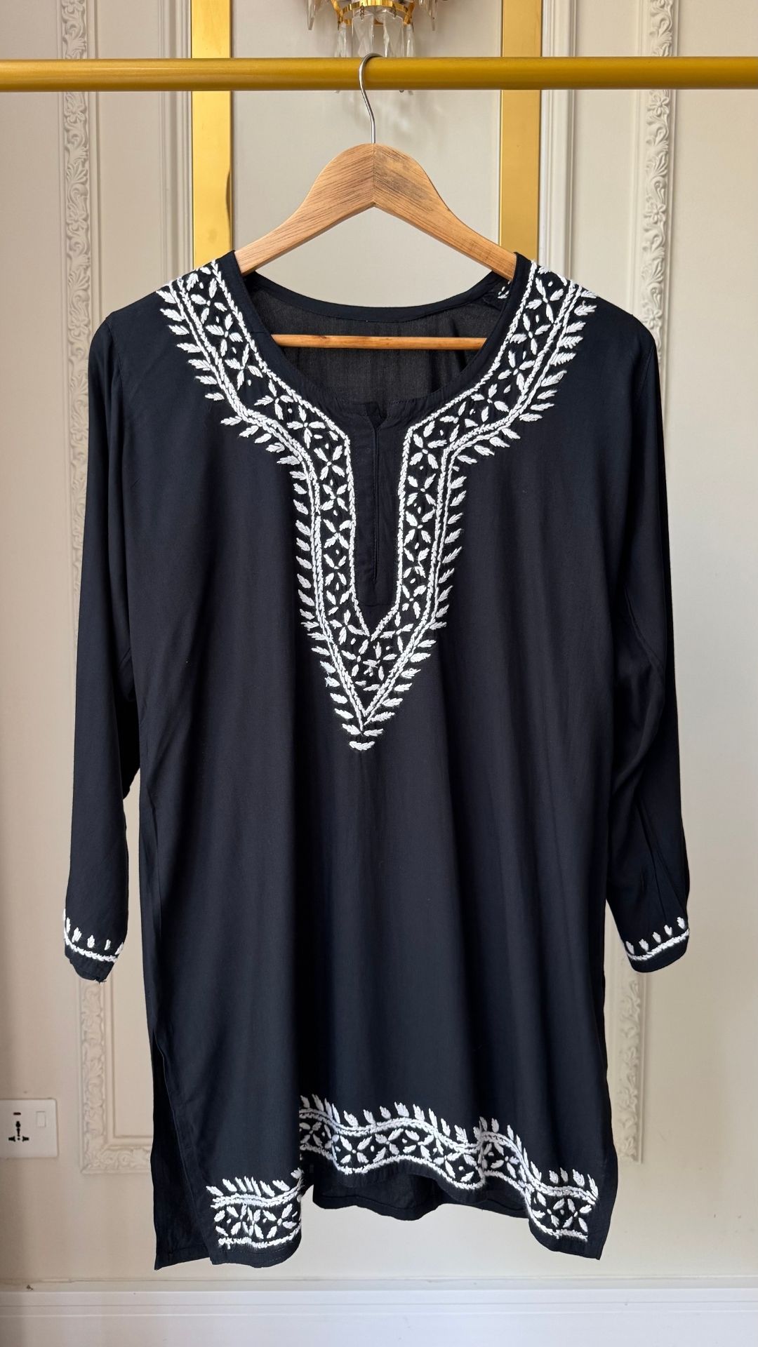Rayon Chikankari Short Top - Black