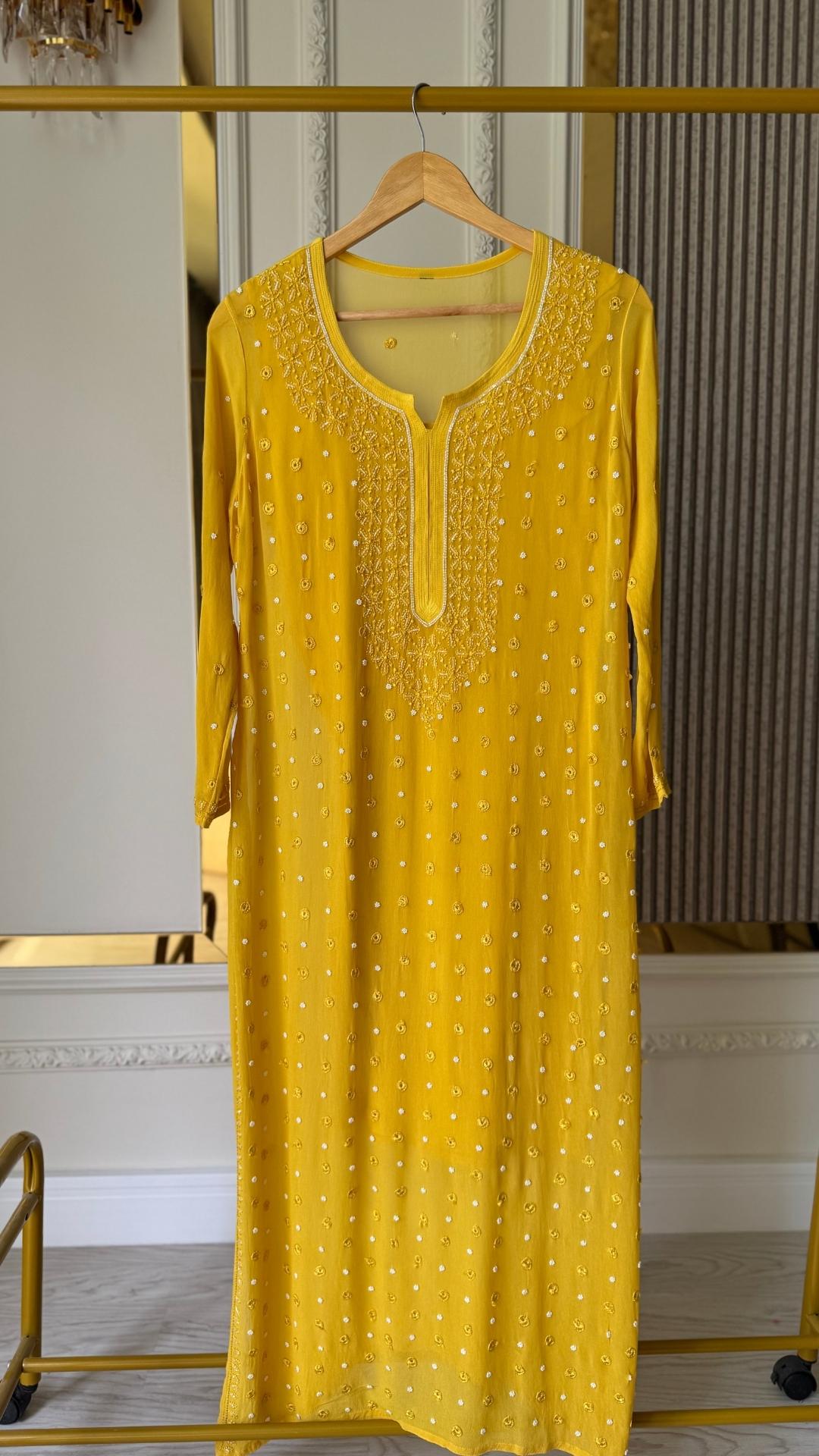 Viscose Georgette Pearl Work Solid Long Kurta - Mustard Yellow