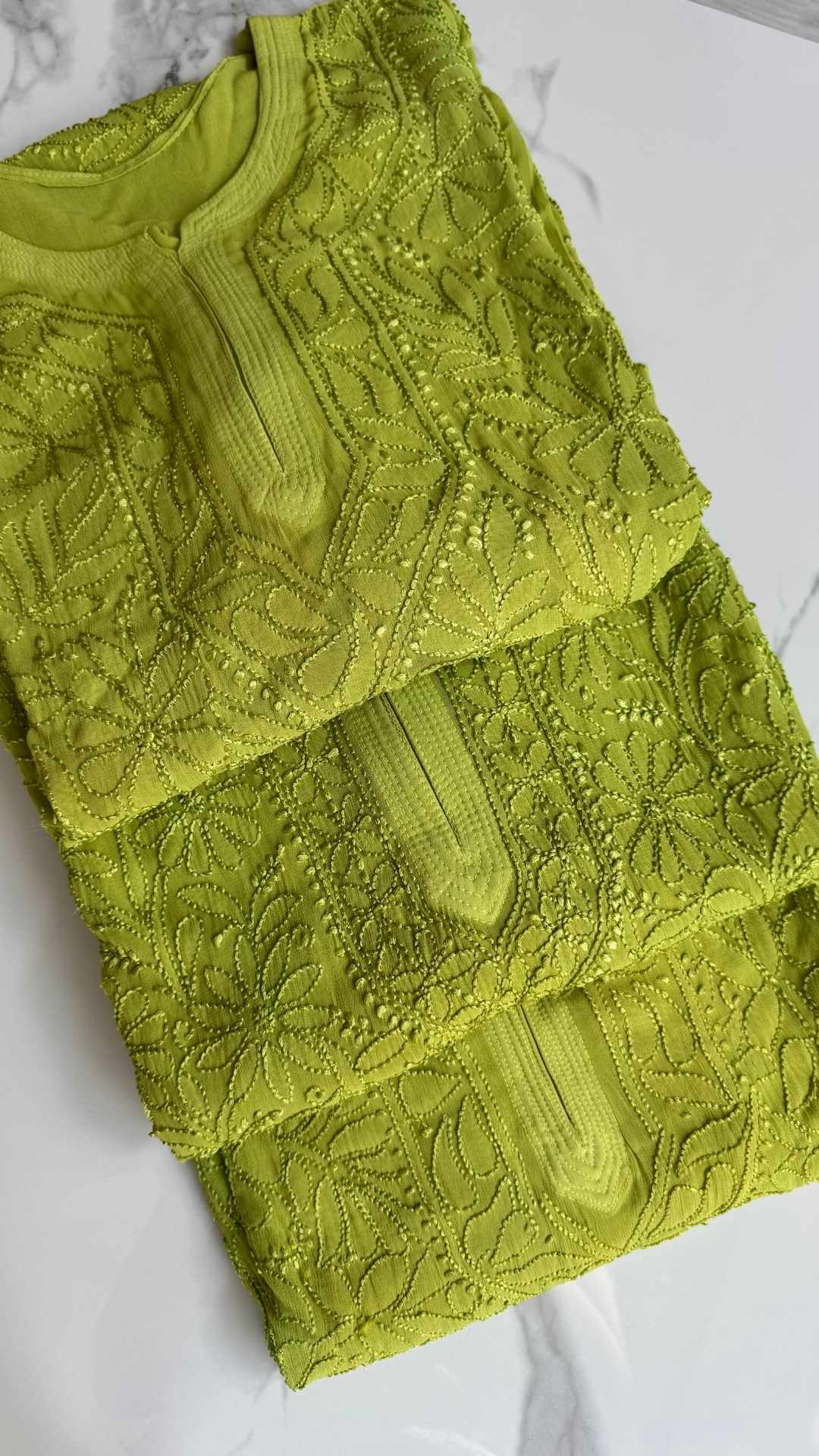Viscose Georgette Silk Thread Chikankari Long Kurta - Lime Green