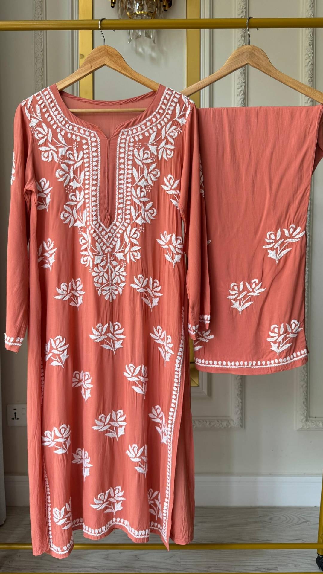 Modal Chikankari Long Kurta Palazzo Set - Pastel Orange