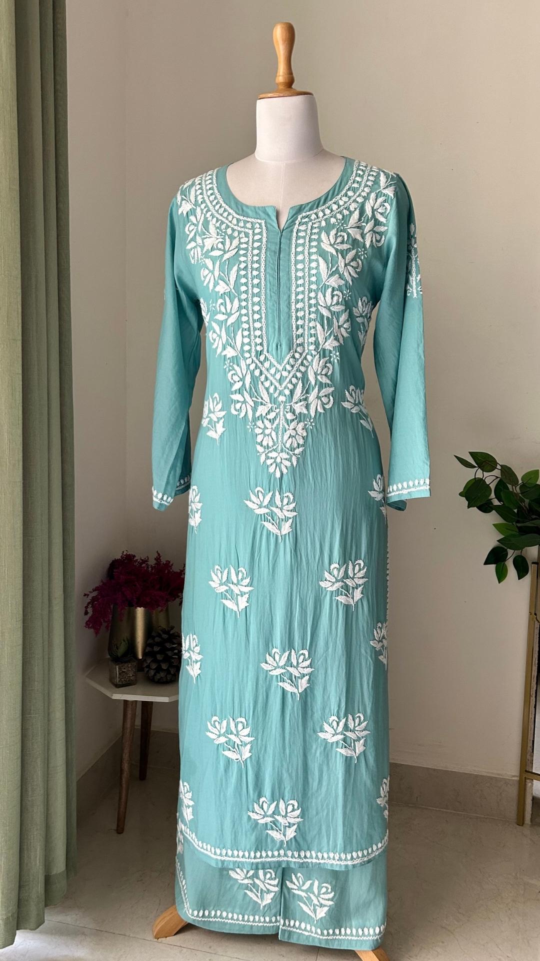 Modal Chikankari Long Kurta Palazzo Set - Ocean Blue