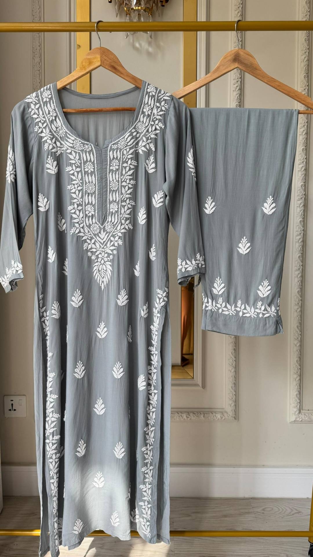 Modal Chikankari Long Kurta Pant Set - Grey