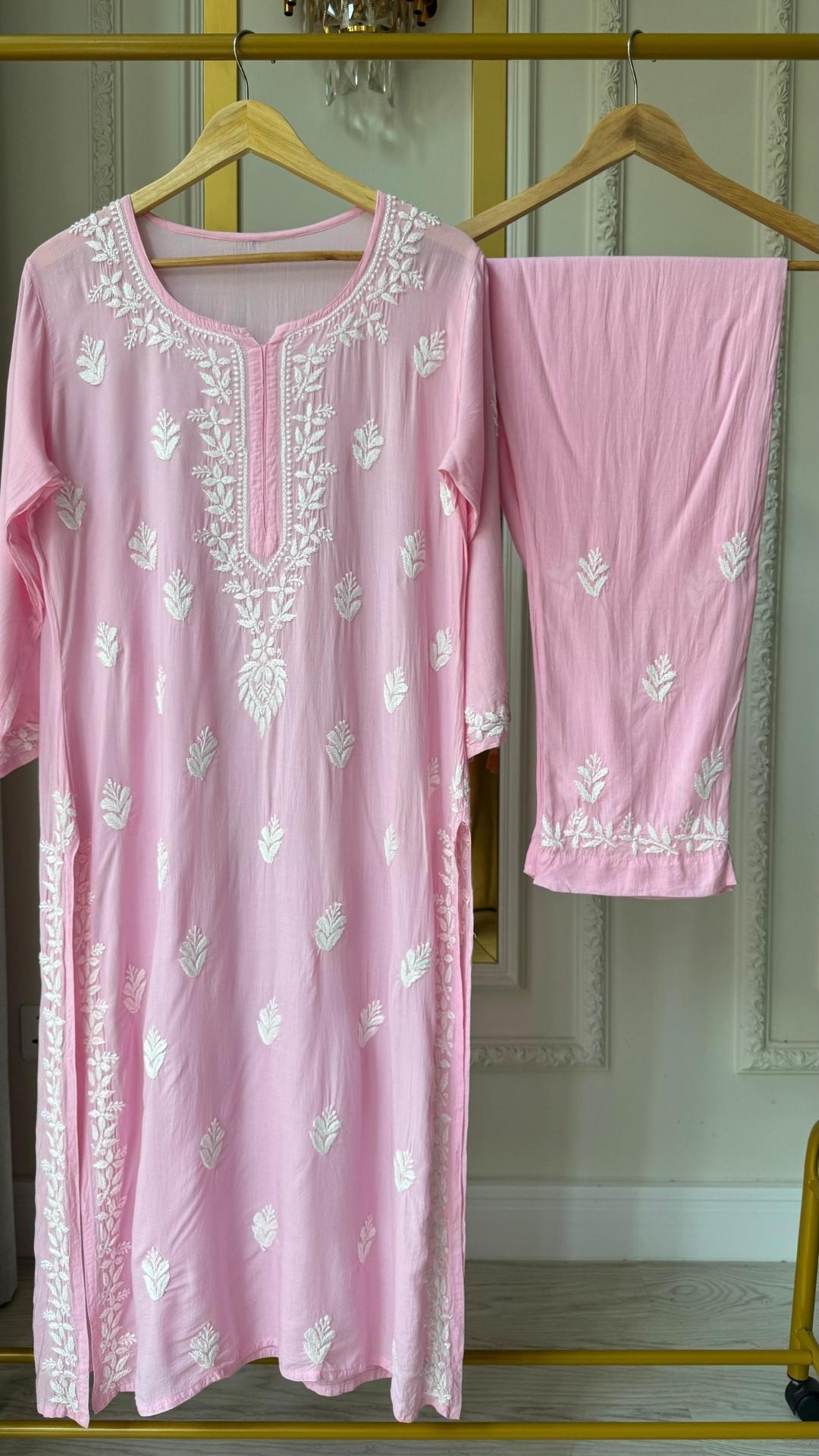 Modal Chikankari Long Kurta Pant Set - Baby Pink
