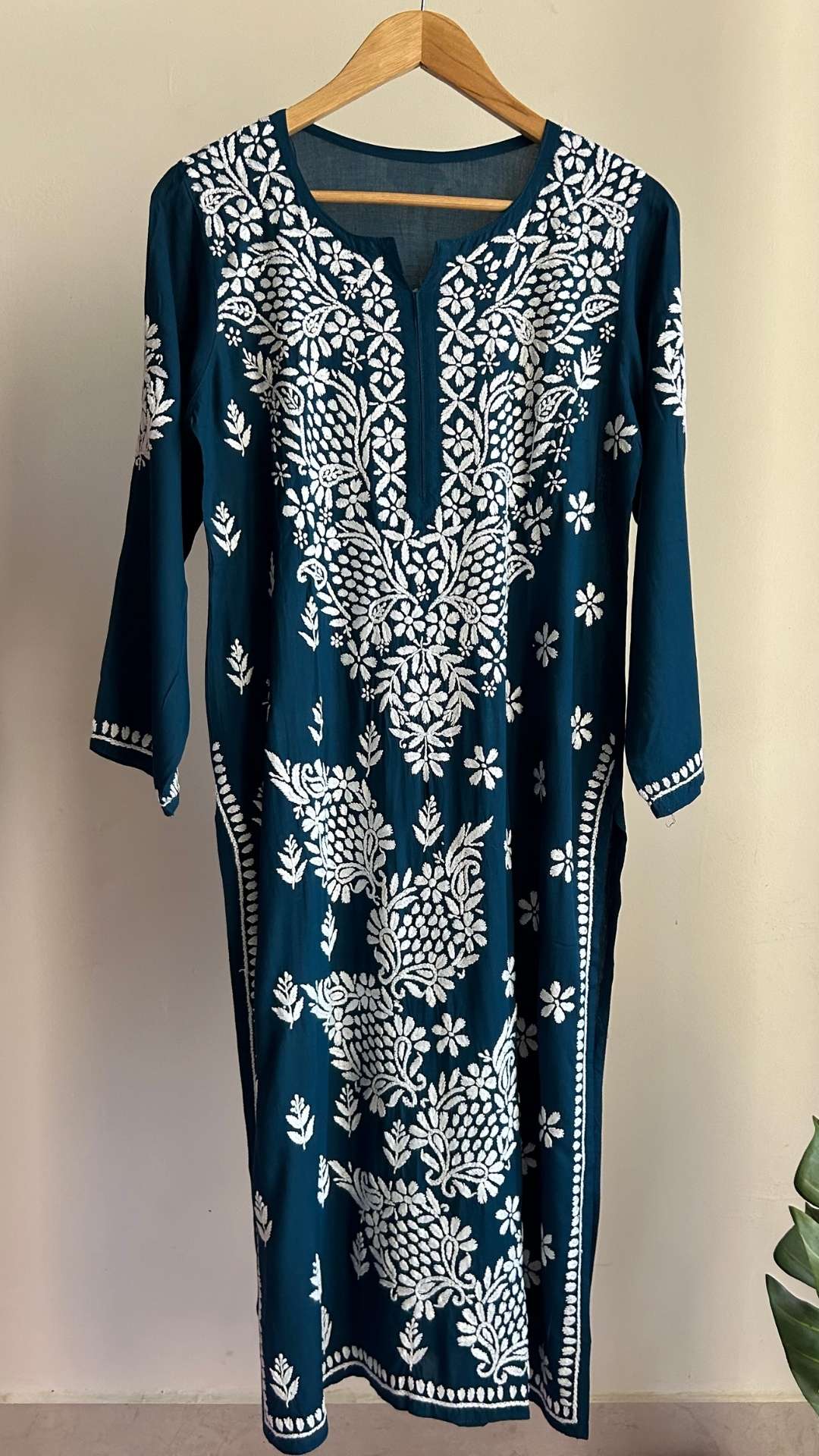 Modal Chikankari Long Kurta - Teal