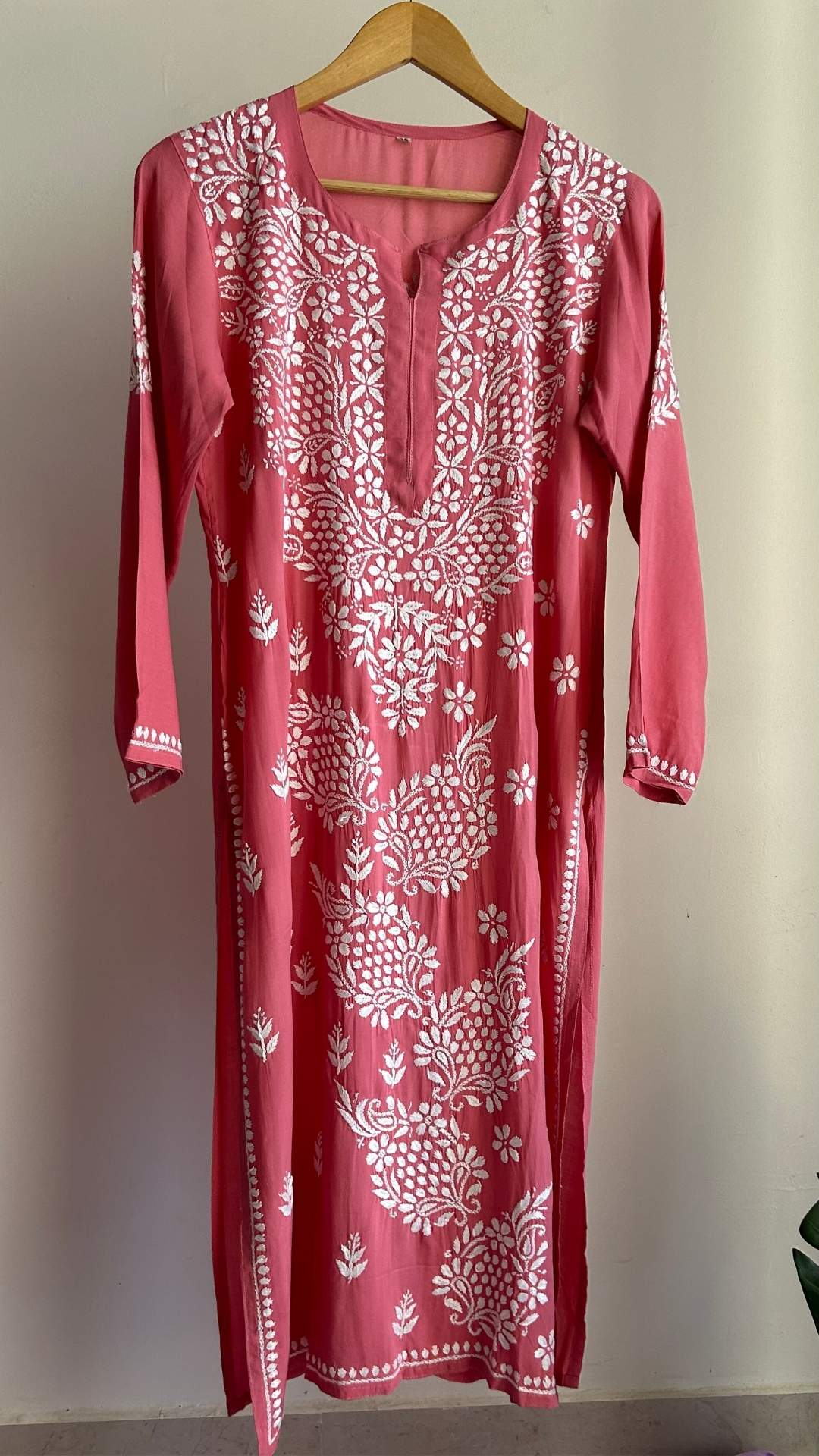Modal Chikankari Long Kurta - Pastel Pink