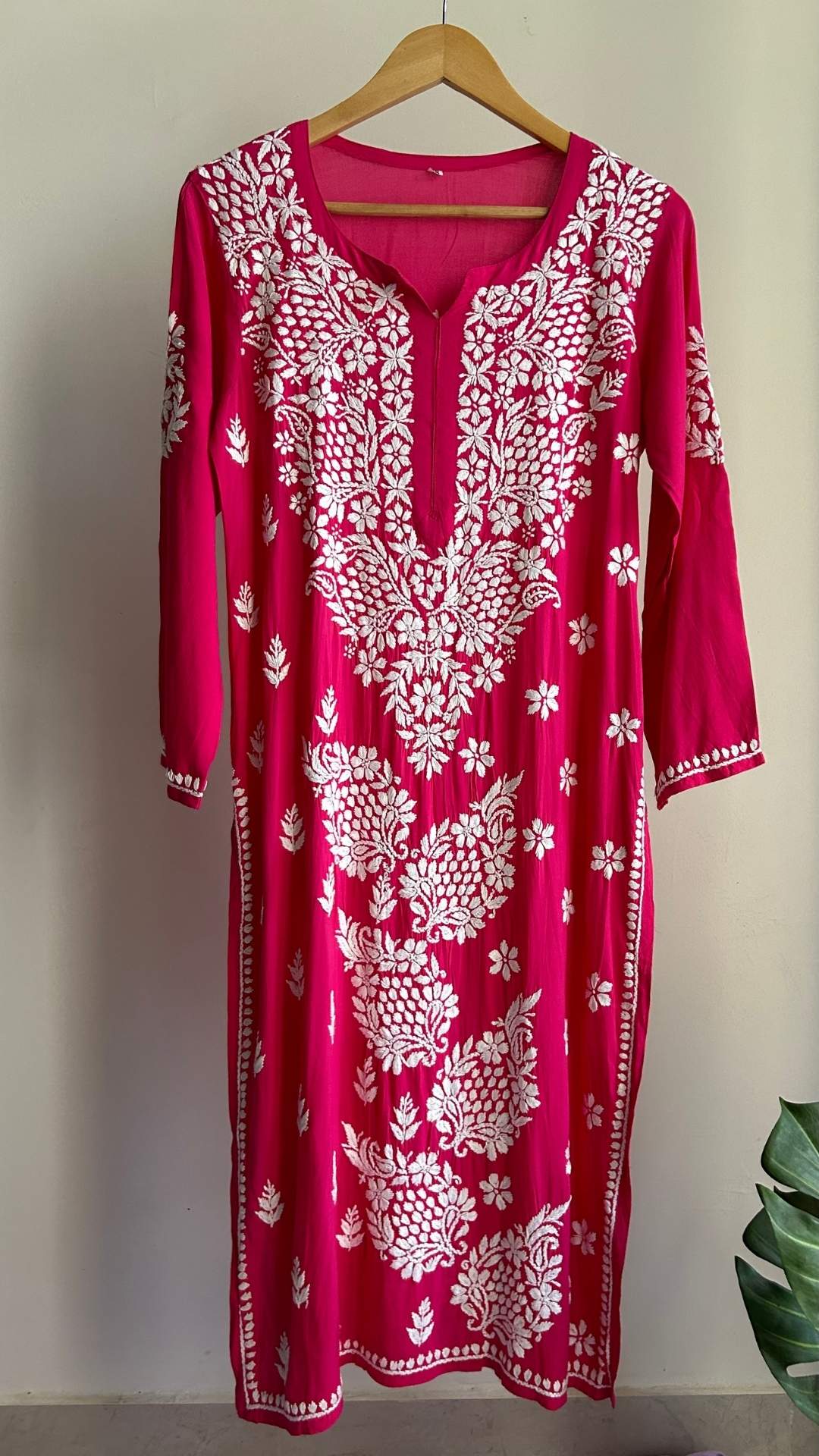 Modal Chikankari Long Kurta - Hot Pink