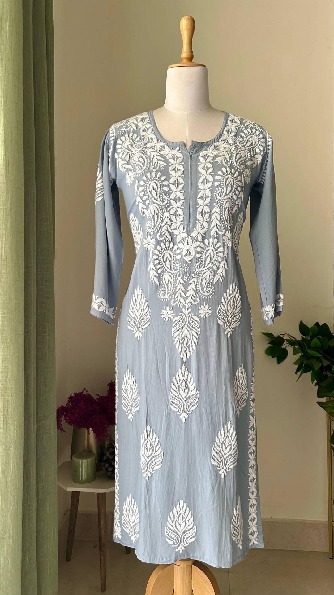 Modal Chikankari Long Kurta - Grey