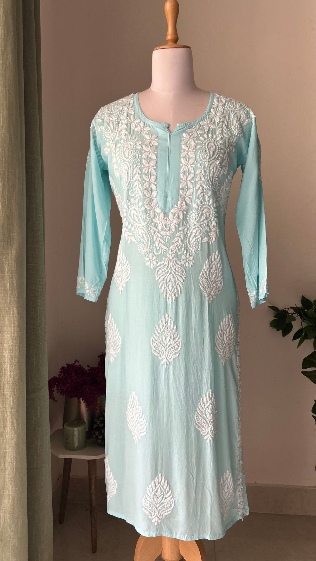 Modal Chikankari Long Kurta - Sky Blue