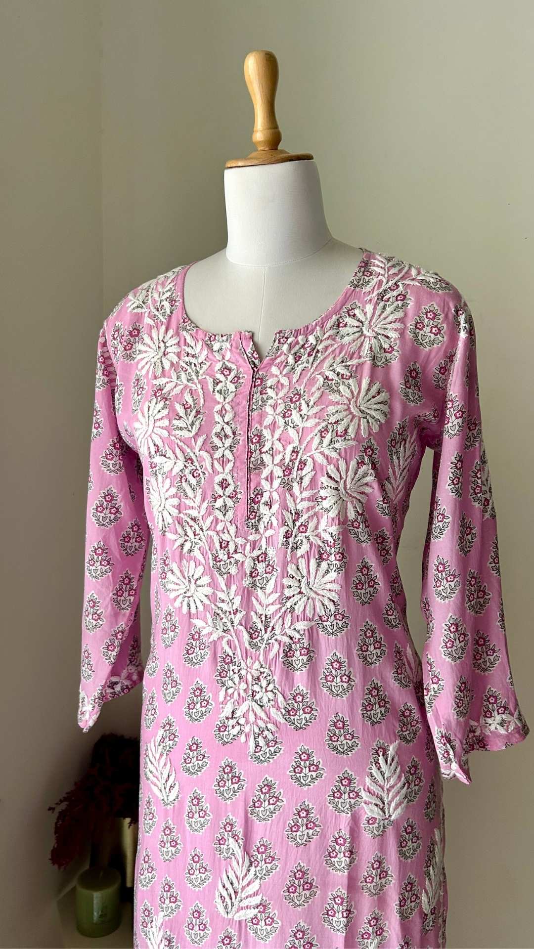 Modal Chikankari Print Long Kurta - Light Pink
