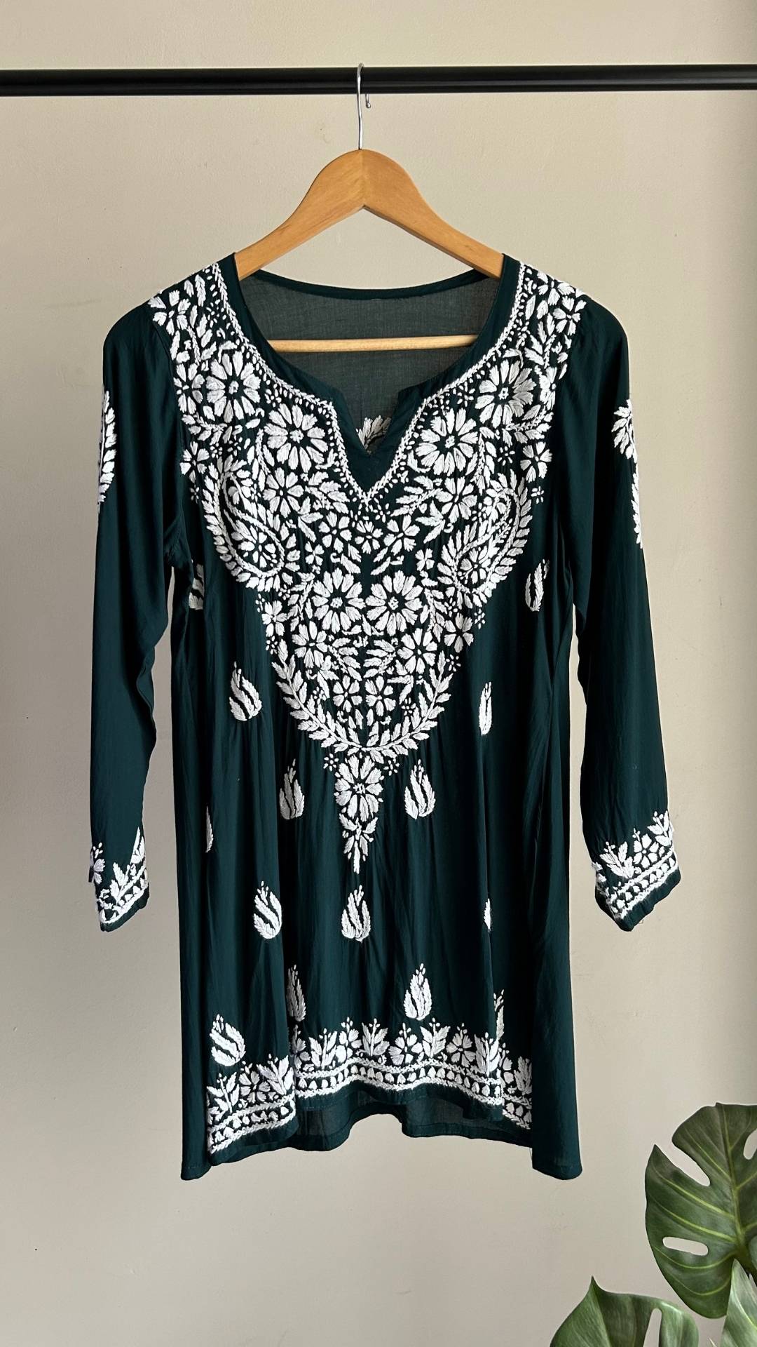 Modal Chikankari Short Top - Bottle Green