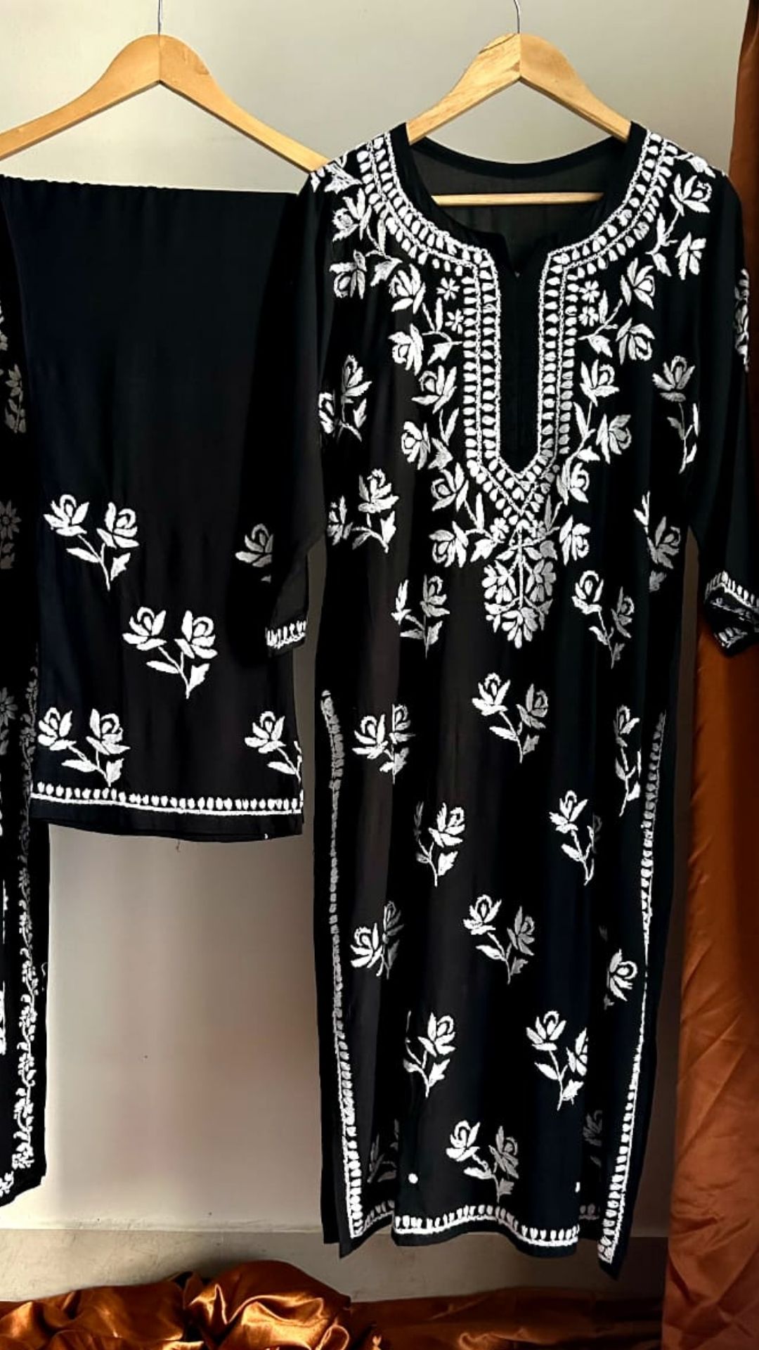 Modal Chikankari Long Kurta Palazzo Set - Black