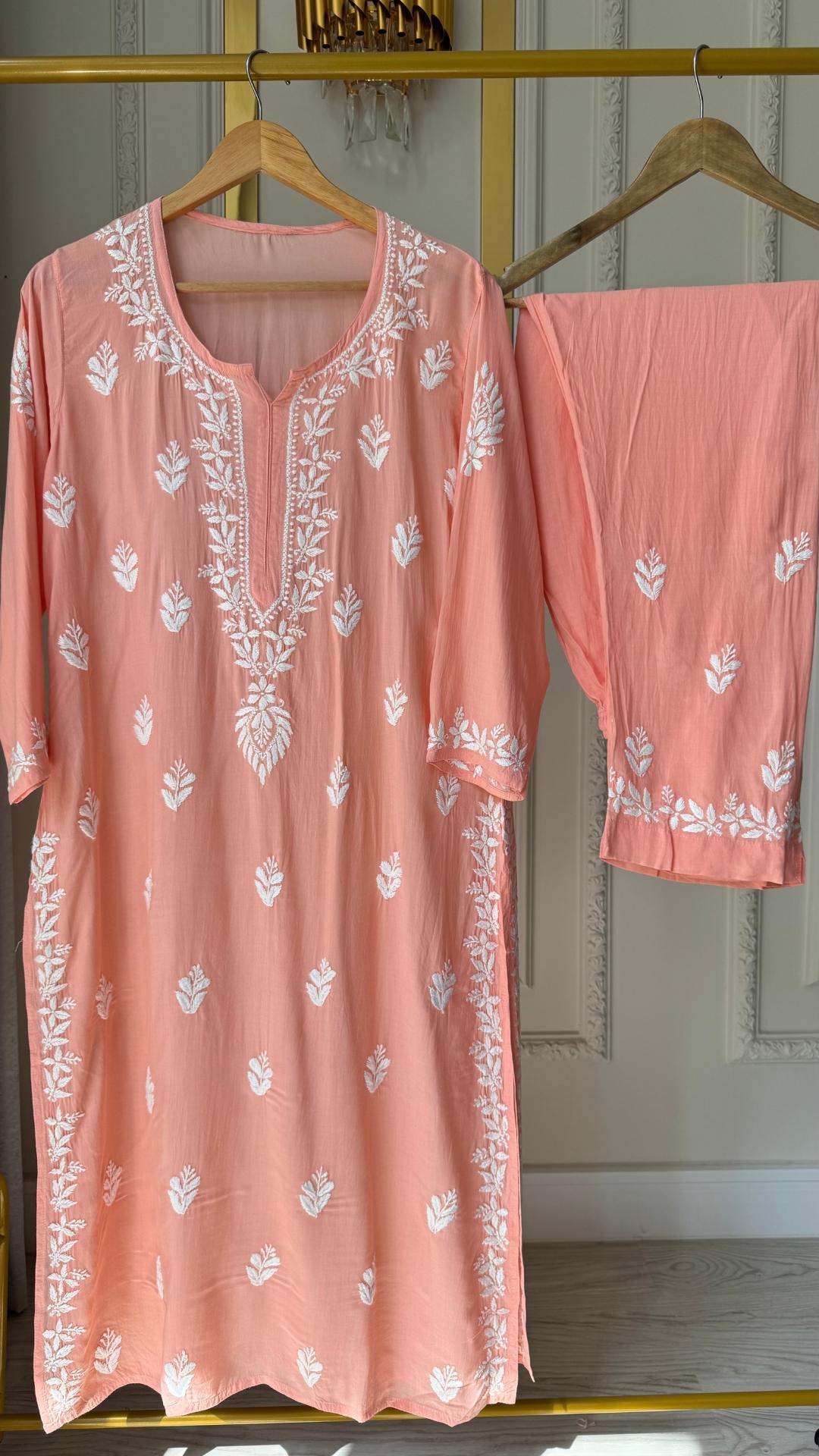 Modal Chikankari Long Kurta Pant Set - Peach
