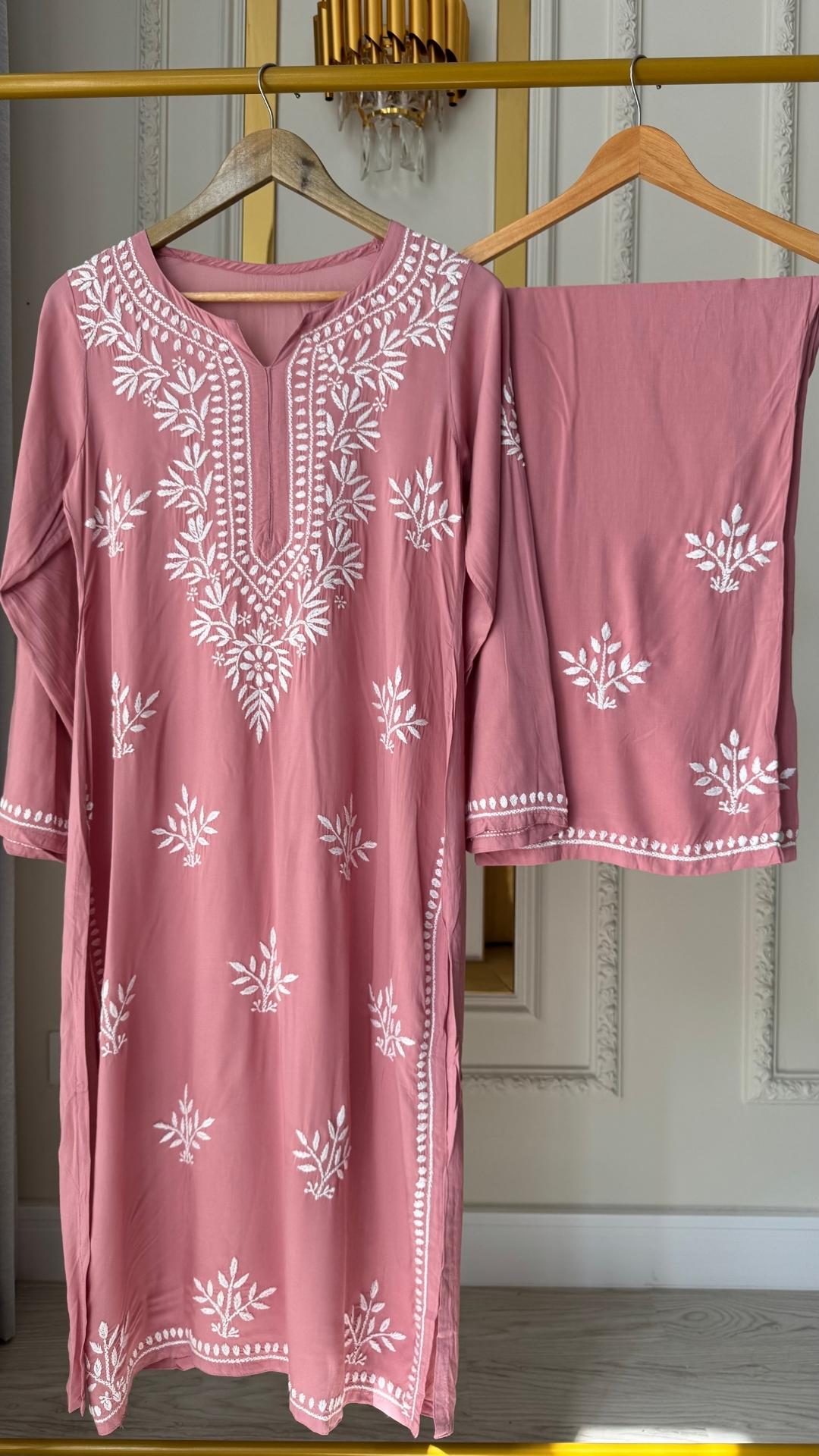 Modal Chikankari Long Kurta Palazzo Set - Tea Pink