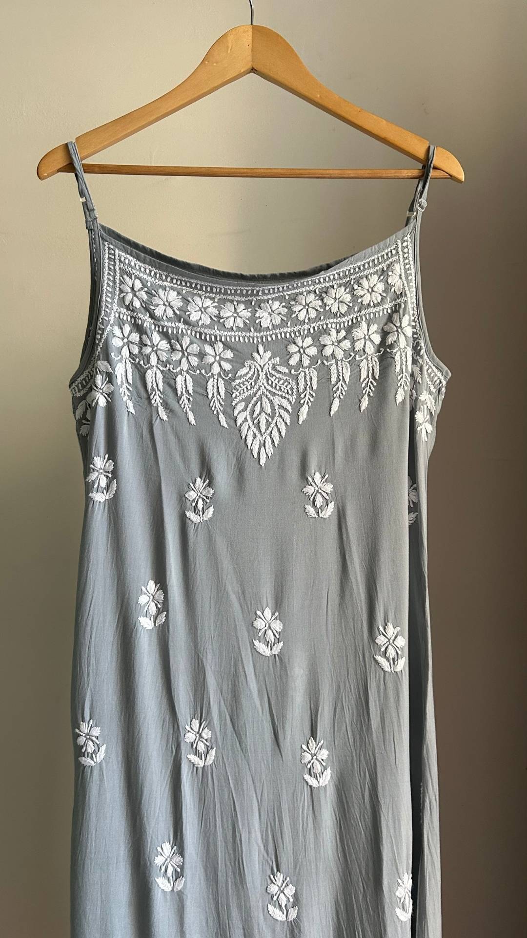 Rayon Strap Chikankari Long Kurta - Grey