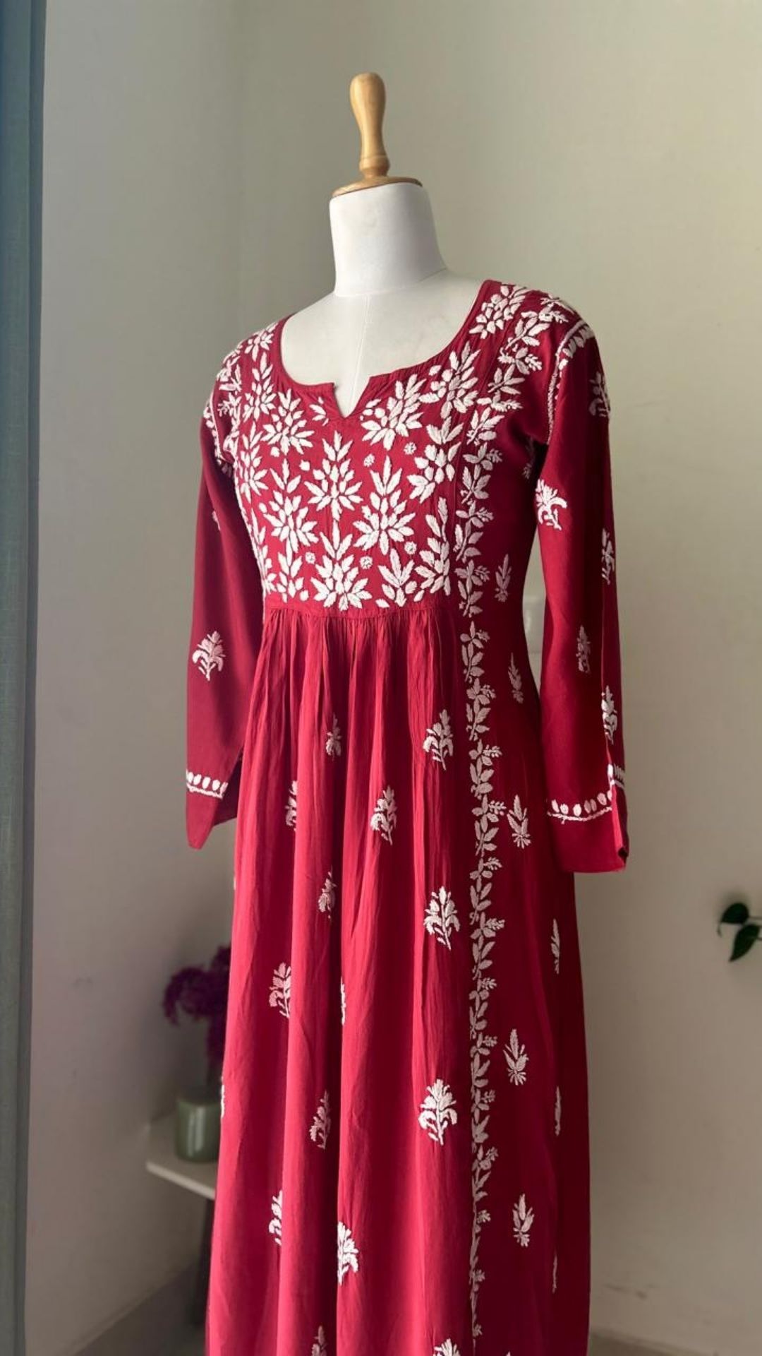 Plus Size Modal Nyra Cut Chikankari Long Kurta - Red