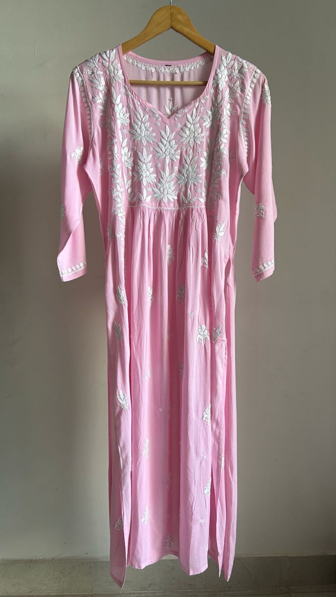 Plus Size Modal Nyra Cut Chikankari Long Kurta - Baby Pink
