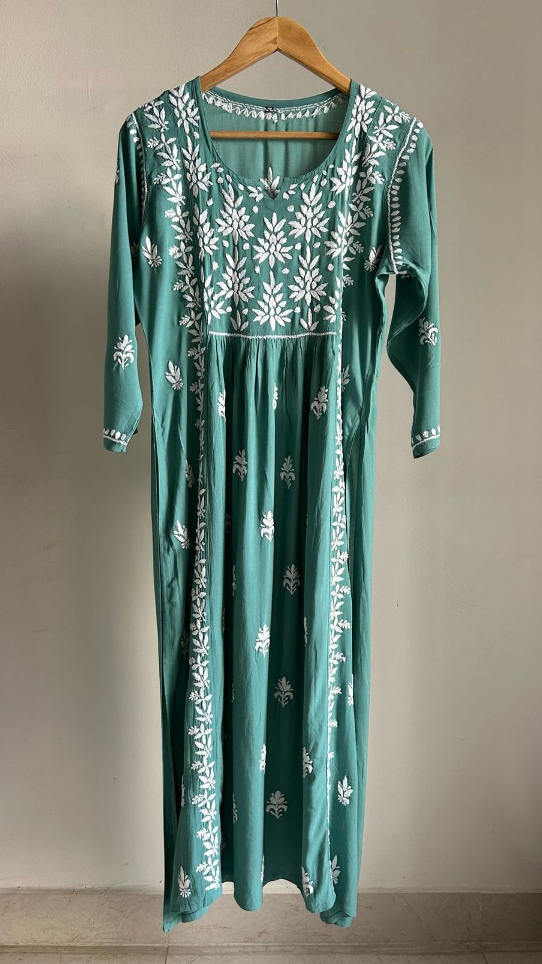 Modal Nyra Cut Chikankari Long Kurta - Deep Seagreen