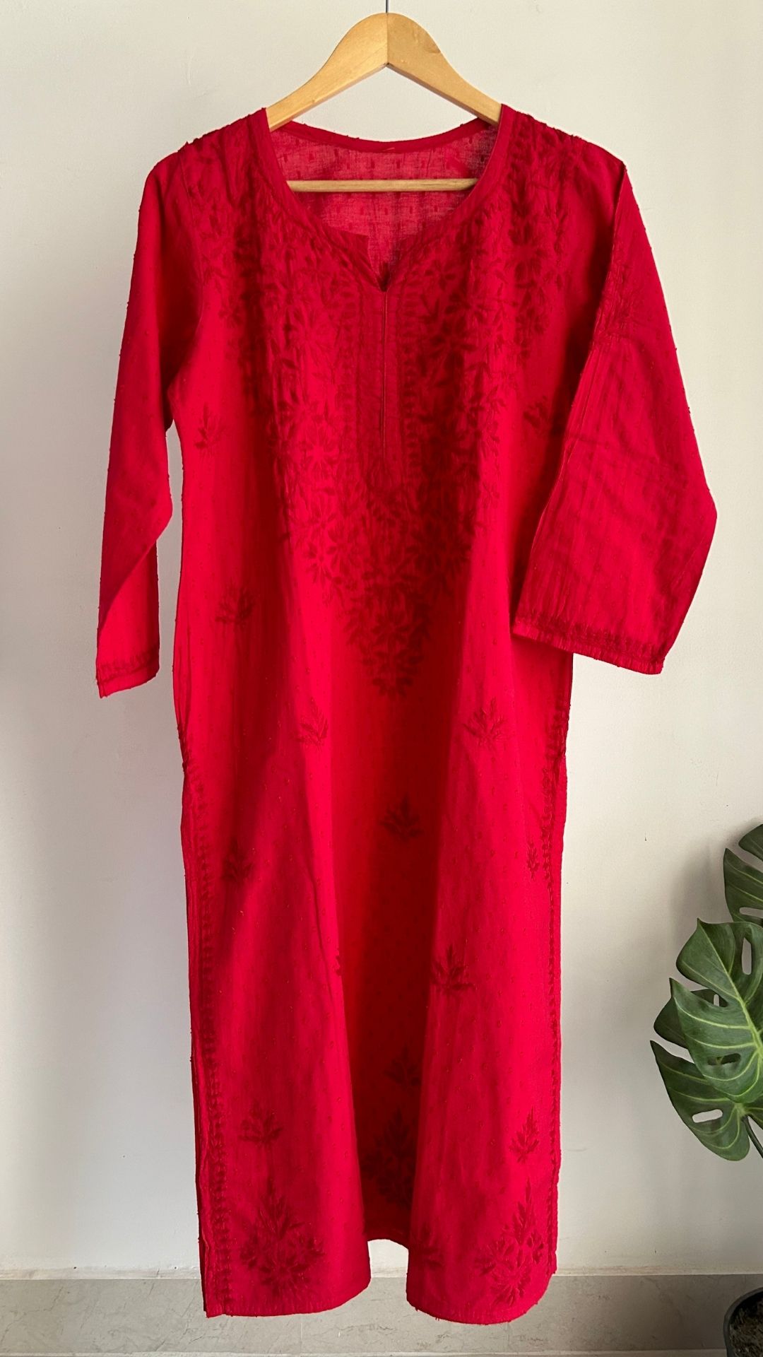 Mal Mal Cotton Chikankari Long Kurta - Blood Red