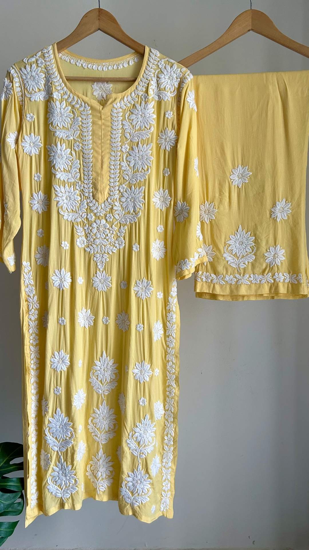 Modal Chikankari Long Kurta Palazzo Set - Mango Yellow