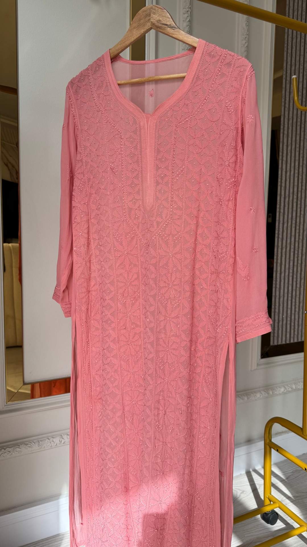 Viscose Georgette Silk Thread Chikankari Long Kurta - Peach