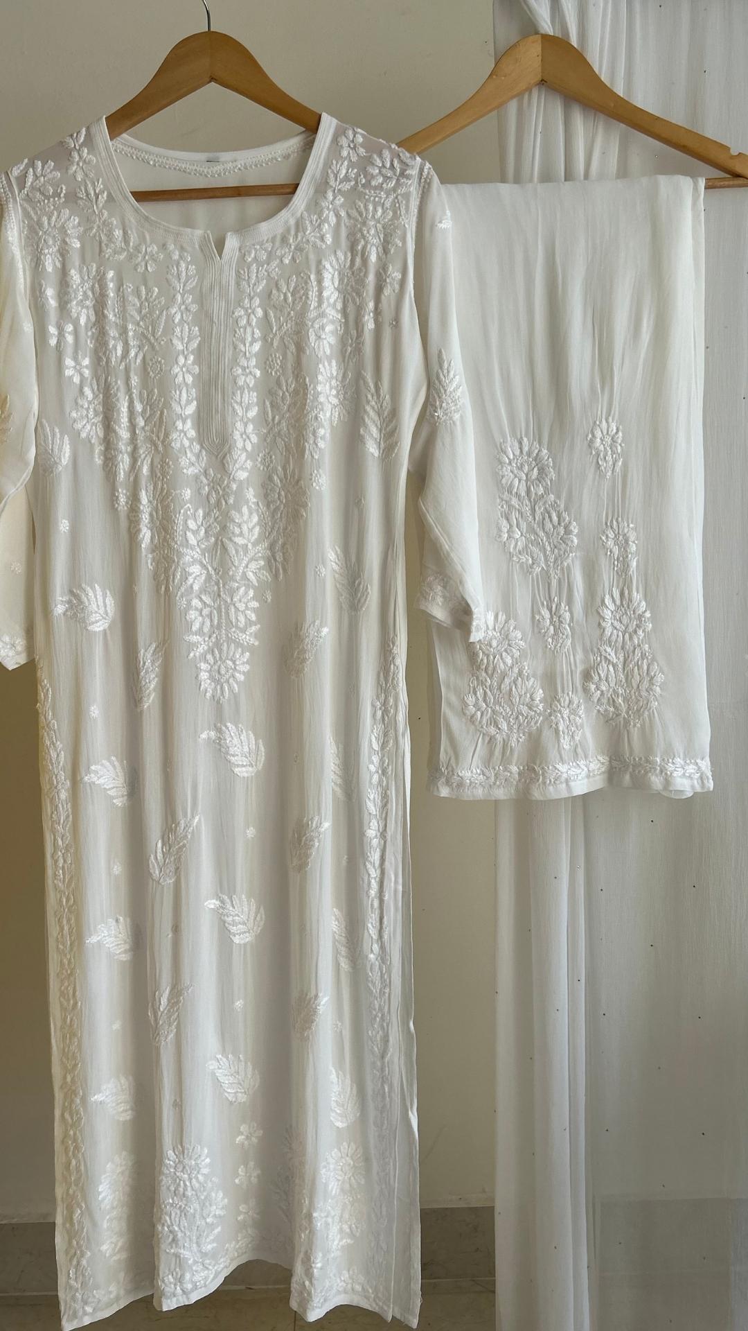 Viscose Georgette Solid 4pc Suit Set - White