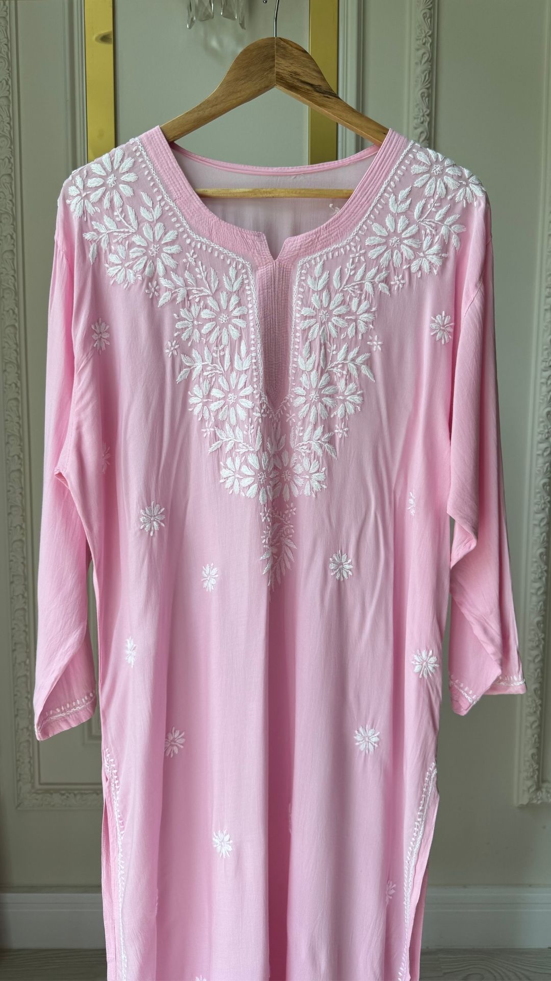 Modal Chikankari Long Kurta - Baby Pink