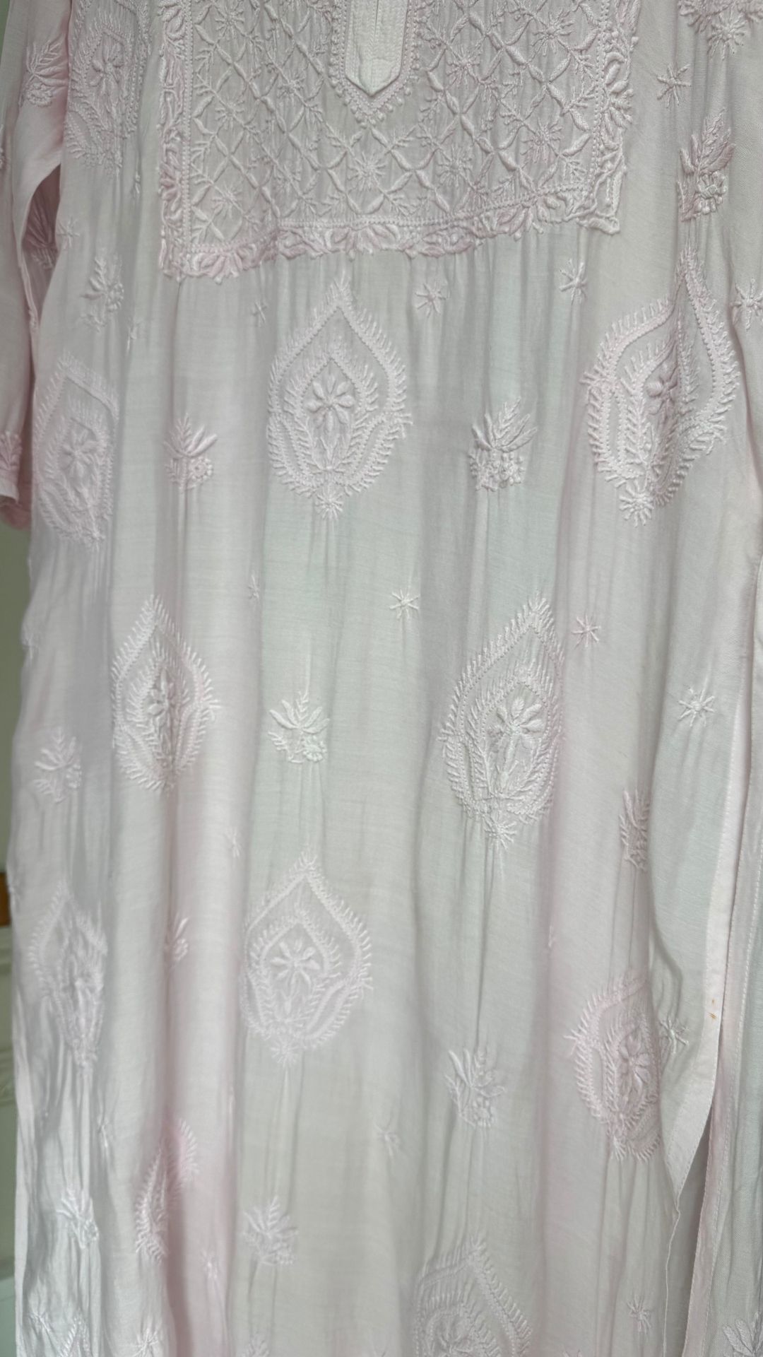 Muslin Silk Premium Chikankari Long Kurta - Baby Pink
