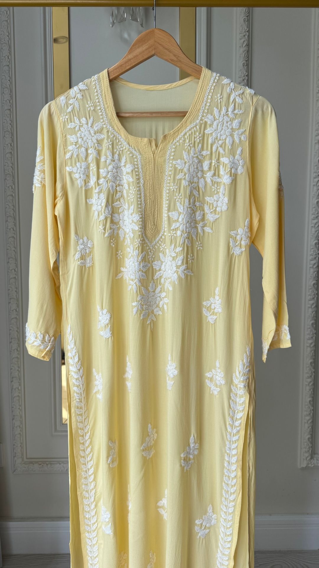 Modal Chikankari Long Kurta - Lemon Yellow