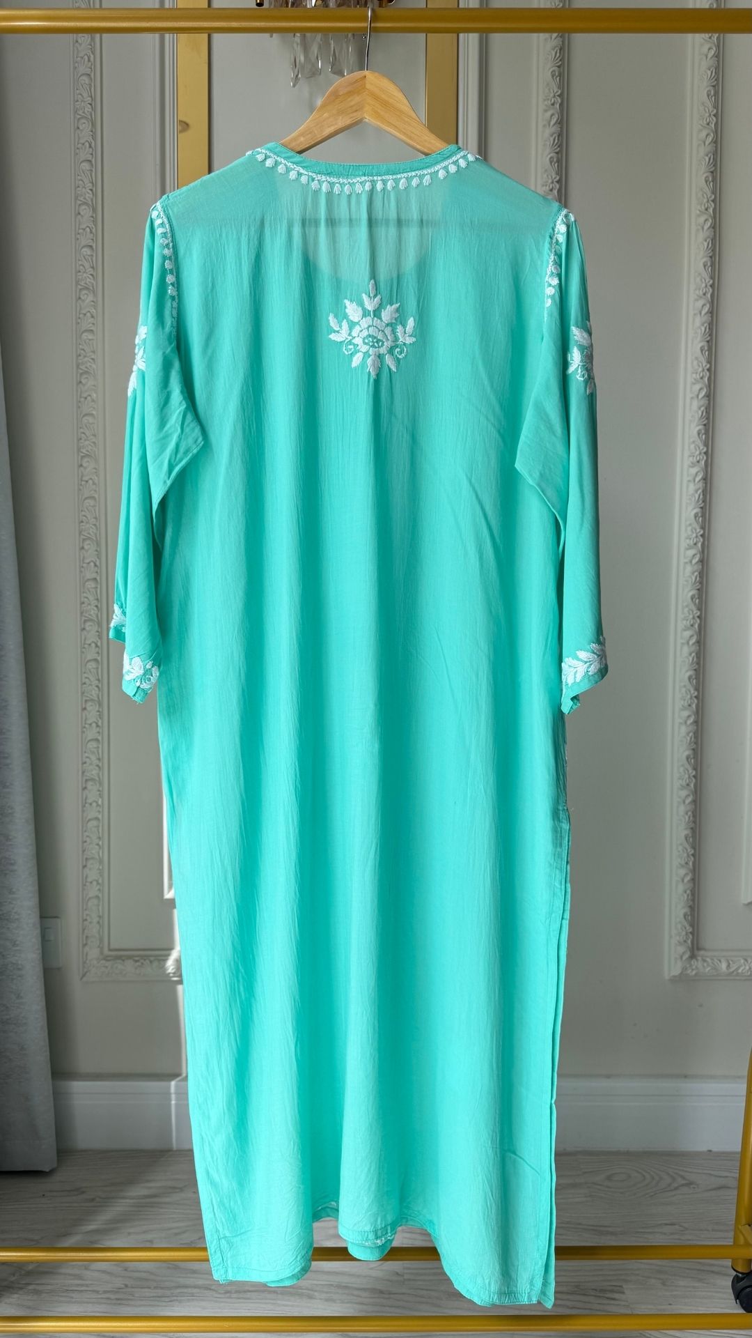 Modal Chikankari Long Kurta - Aqua Green