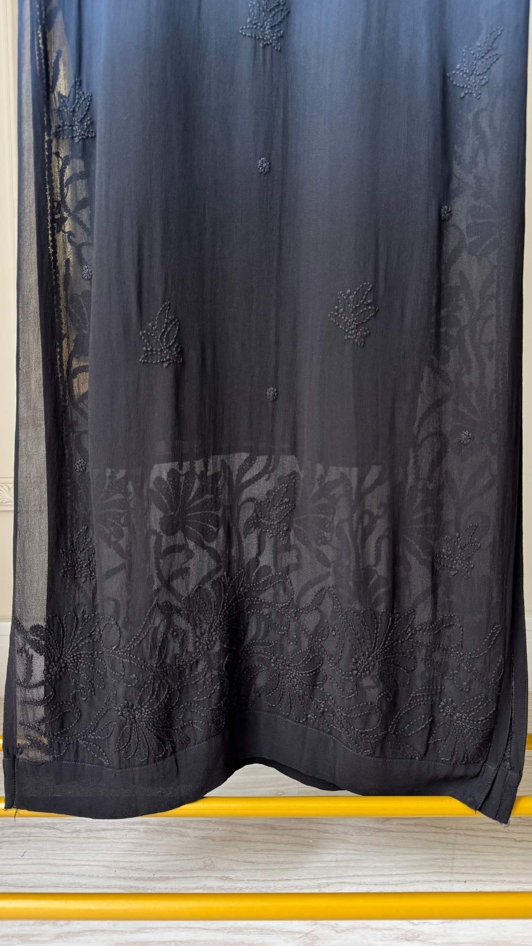 Viscose Georgette Ombre Chikankari Long Kurta - Grey Black