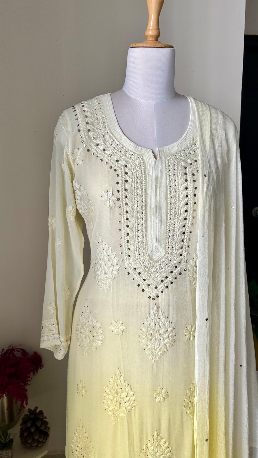 Viscose Georgette Chikankari With Mukesh Suit Set - Lemon Yellow