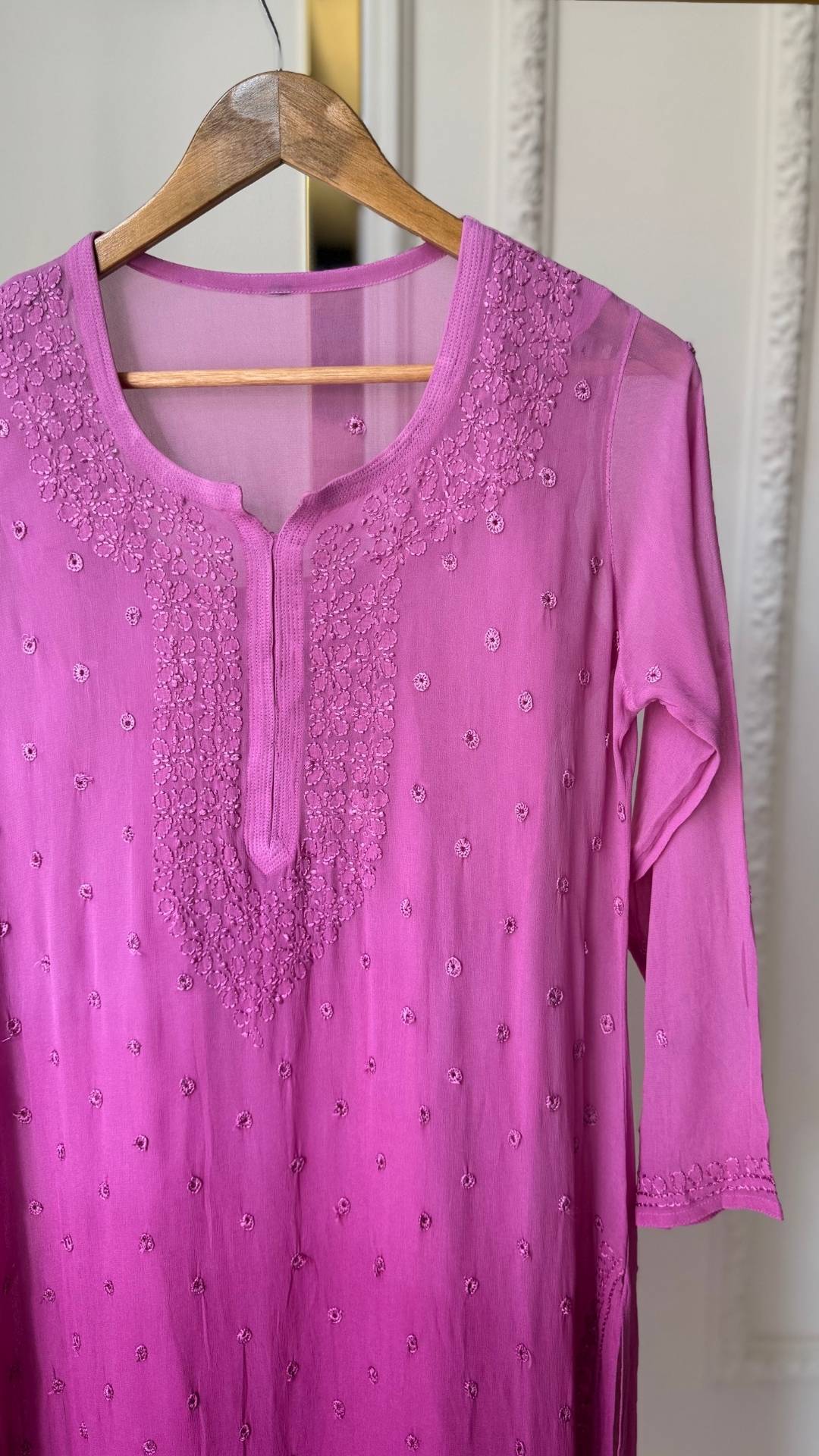 Viscose Georgette Silk Thread Chikankari Long Kurta - Ombre Plum
