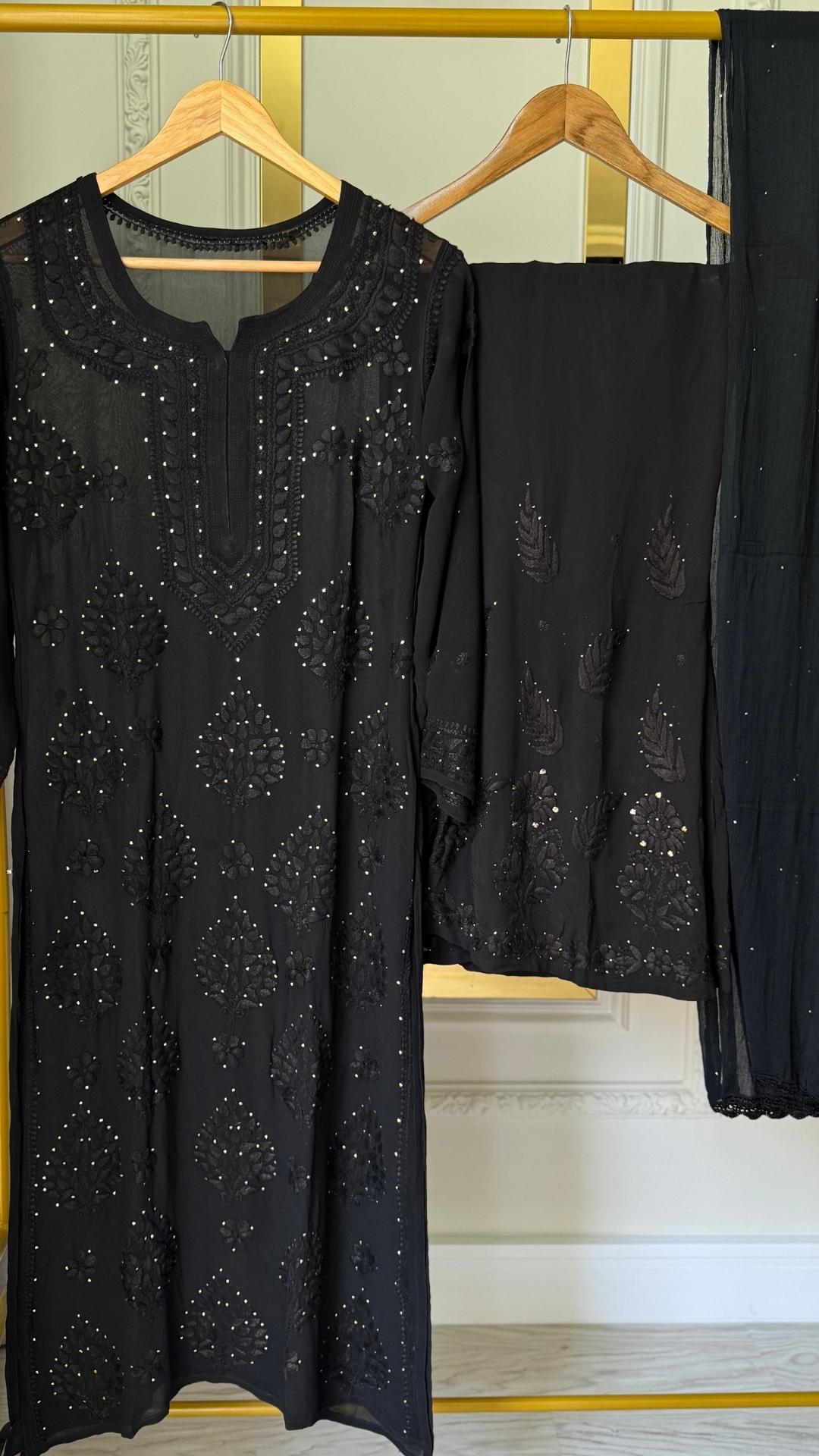 Viscose Georgette Chikankari With Mukesh Suit Set - Black