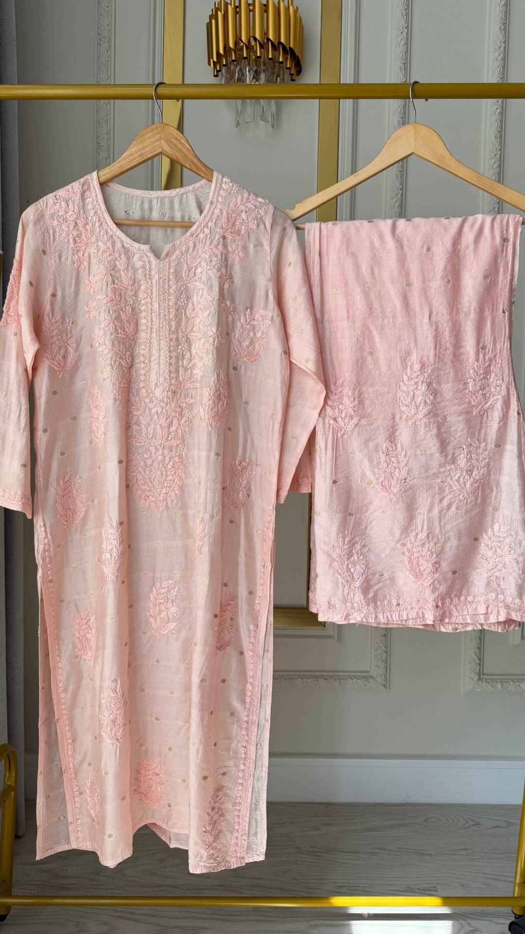 Chanderi Silk Long Kurta Palazzo Set - Rose Gold