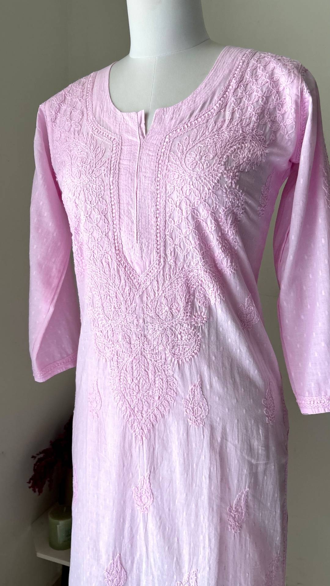 Mal Mal Cotton Chikankari Long Kurta - Baby Pink