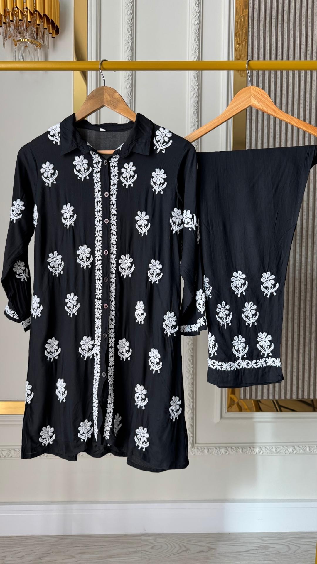 Modal Chikankari Co-ord Set - Black