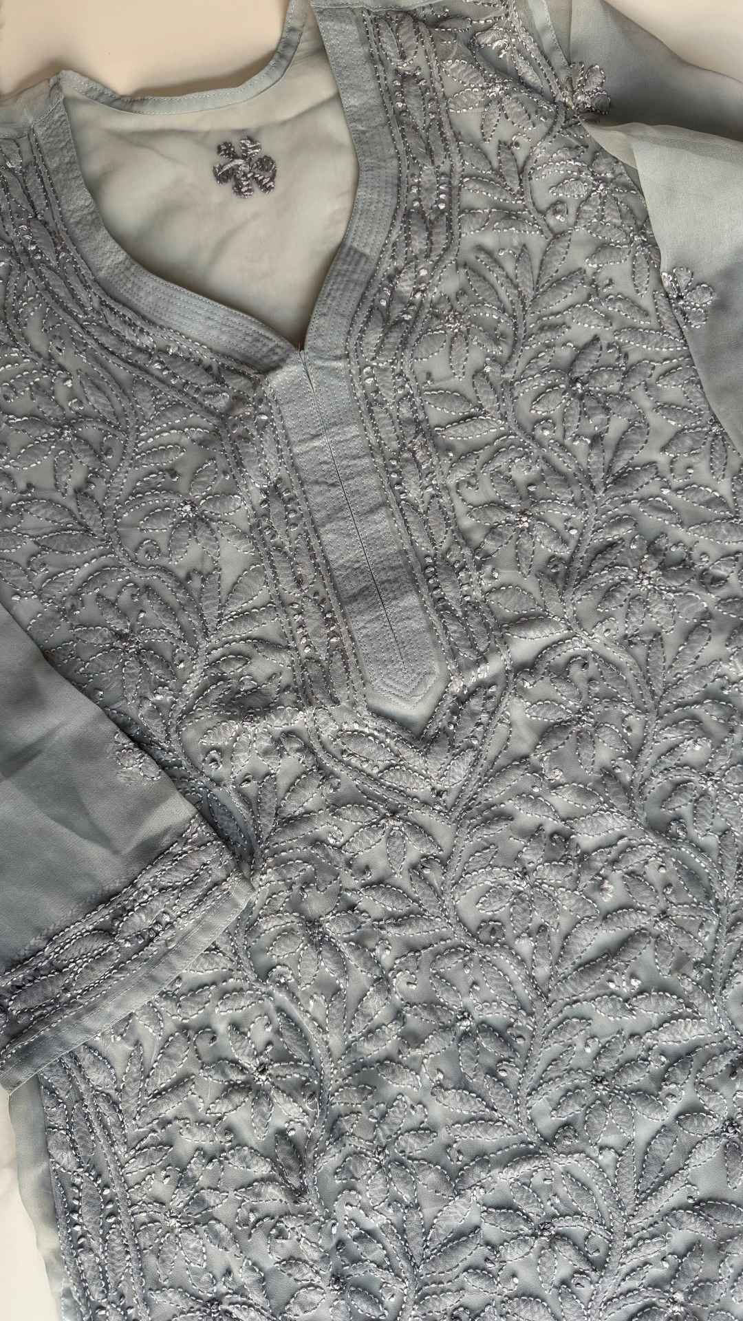 Georgette Chikankari Long Kurta - Grey