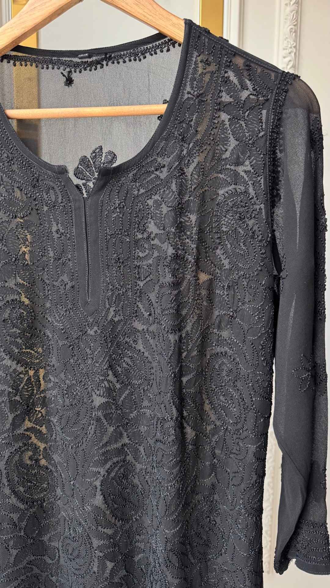 Viscose Georgette Silk Thread Chikankari Short Kurta - Black