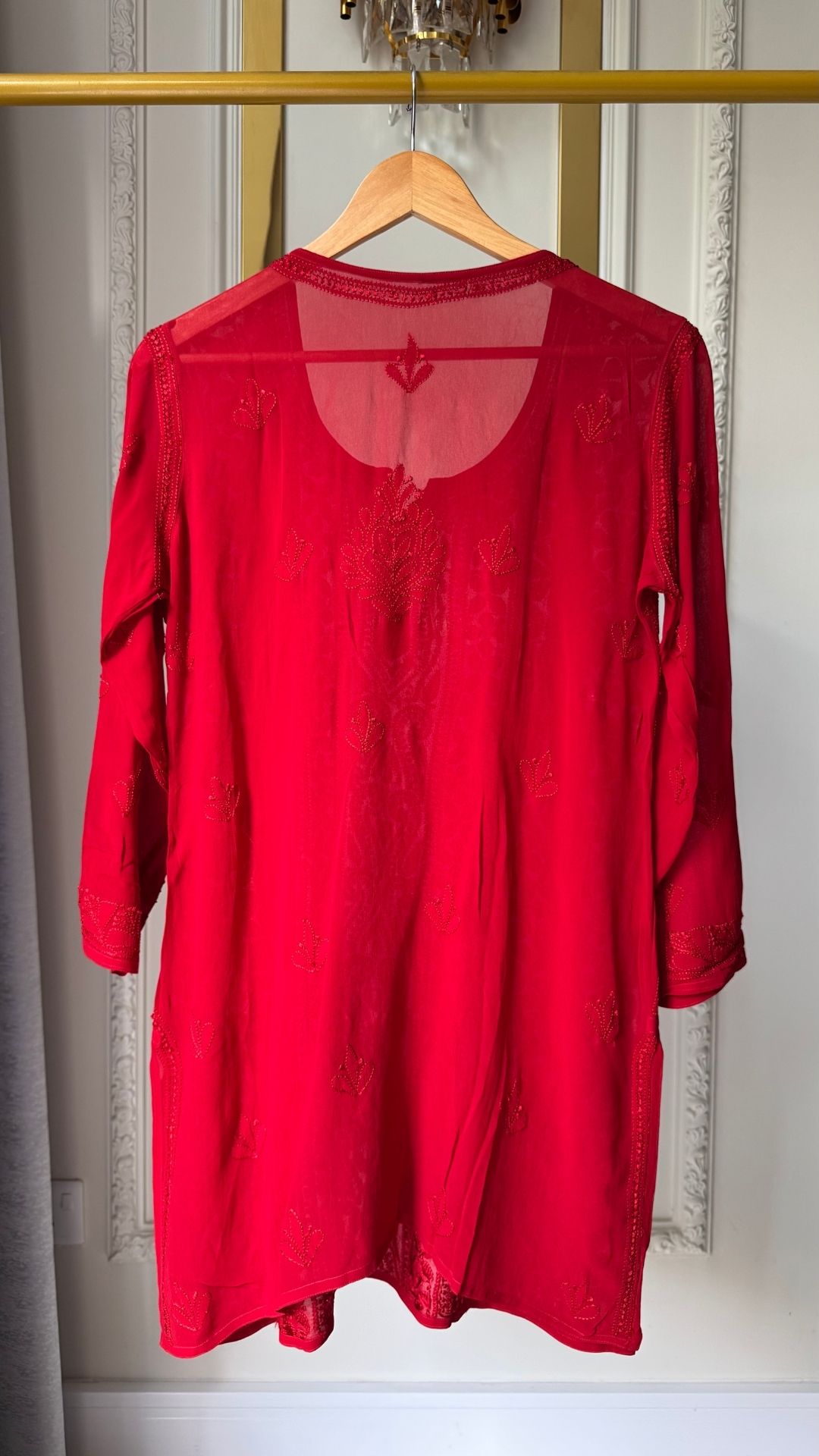 Viscose Georgette Silk Thread Chikankari Short Kurta - Red