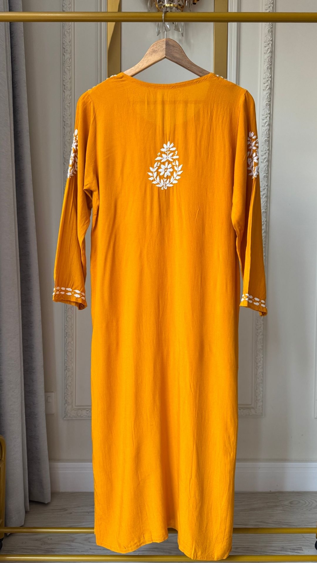 Rayon Chikankari Long Kurta - Mustard Yellow