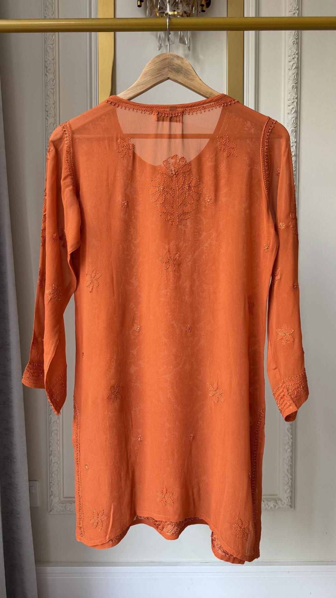 Viscose Georgette Silk Thread Chikankari Short Kurta - Rust Orange