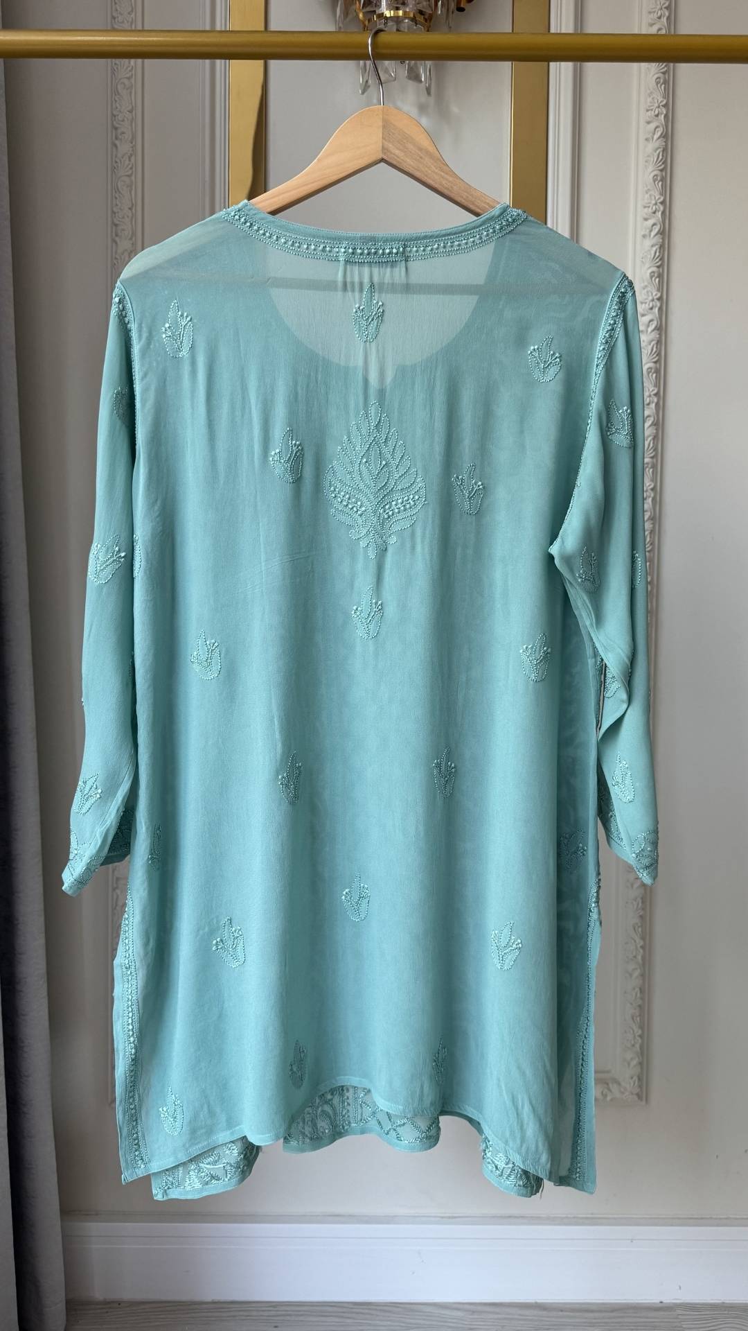 Viscose Georgette Silk Thread Chikankari Short Kurta - Mint Green
