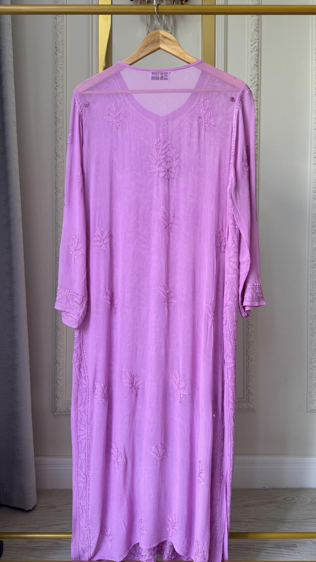 Viscose Georgette Silk Thread Chikankari Long Kurta - Lilac
