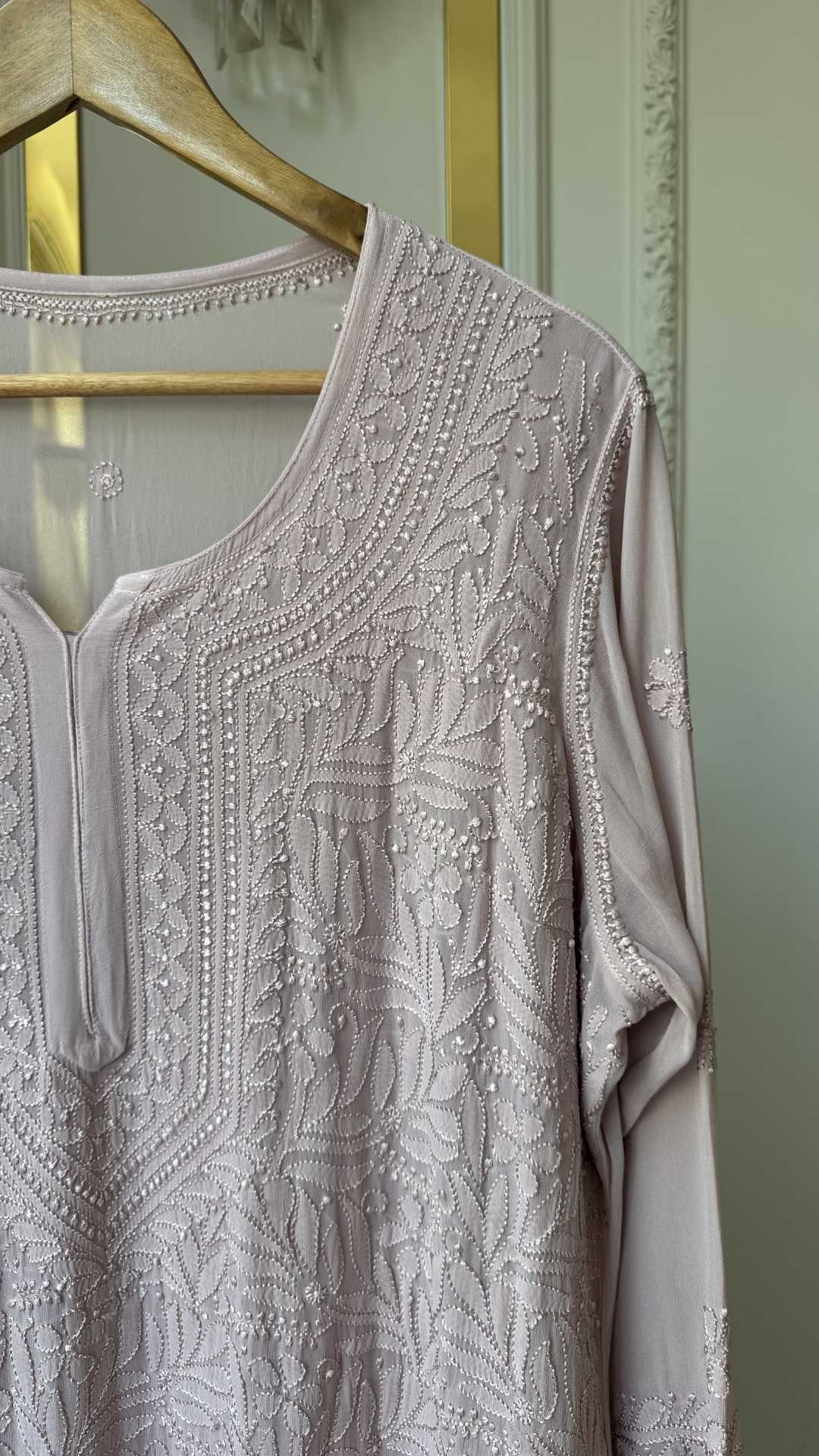 Viscose Georgette Silk Thread Chikankari Long Kurta - Nude Pink