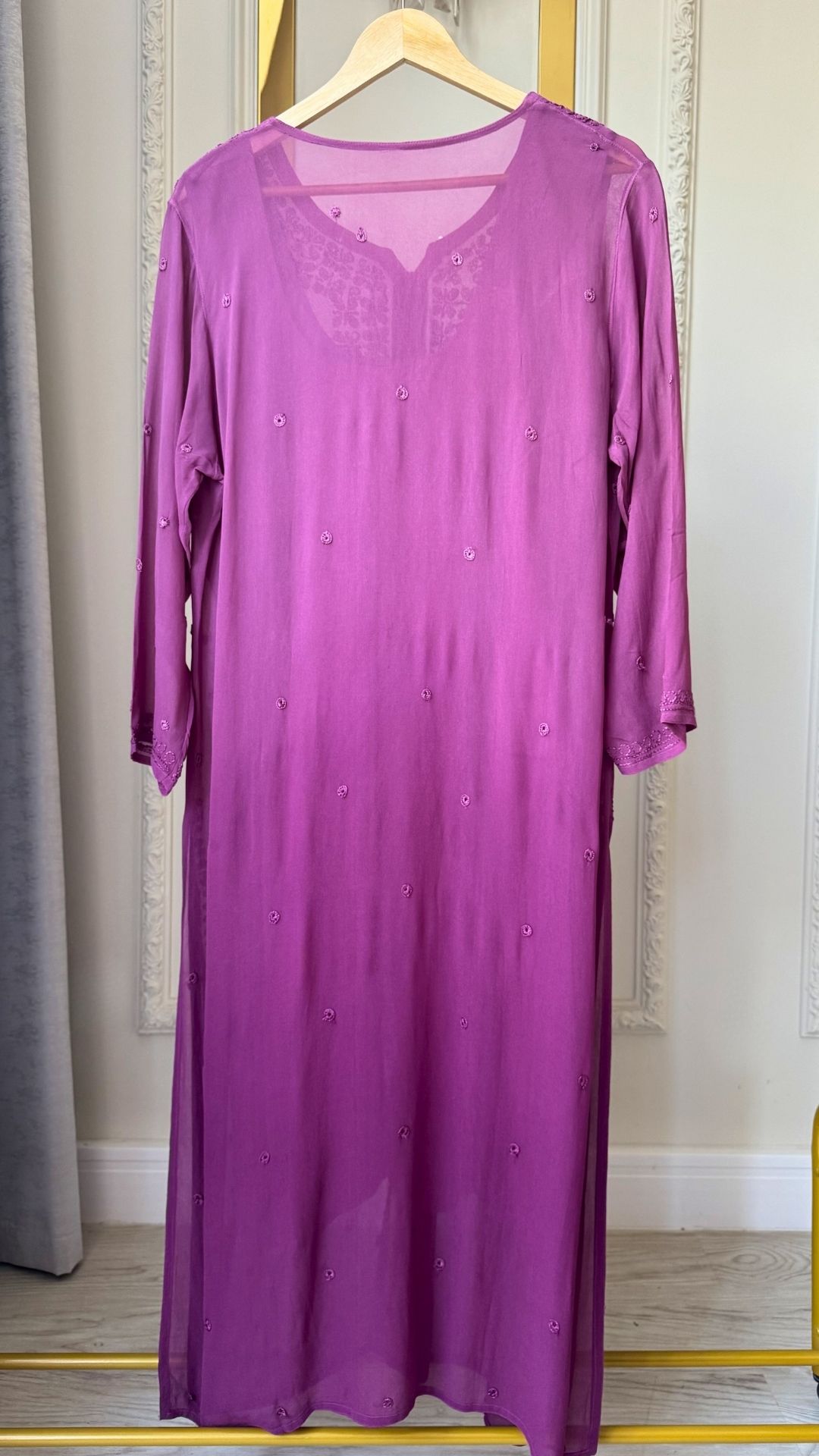 Viscose Georgette Silk Thread Chikankari Long Kurta - Ombre Plum
