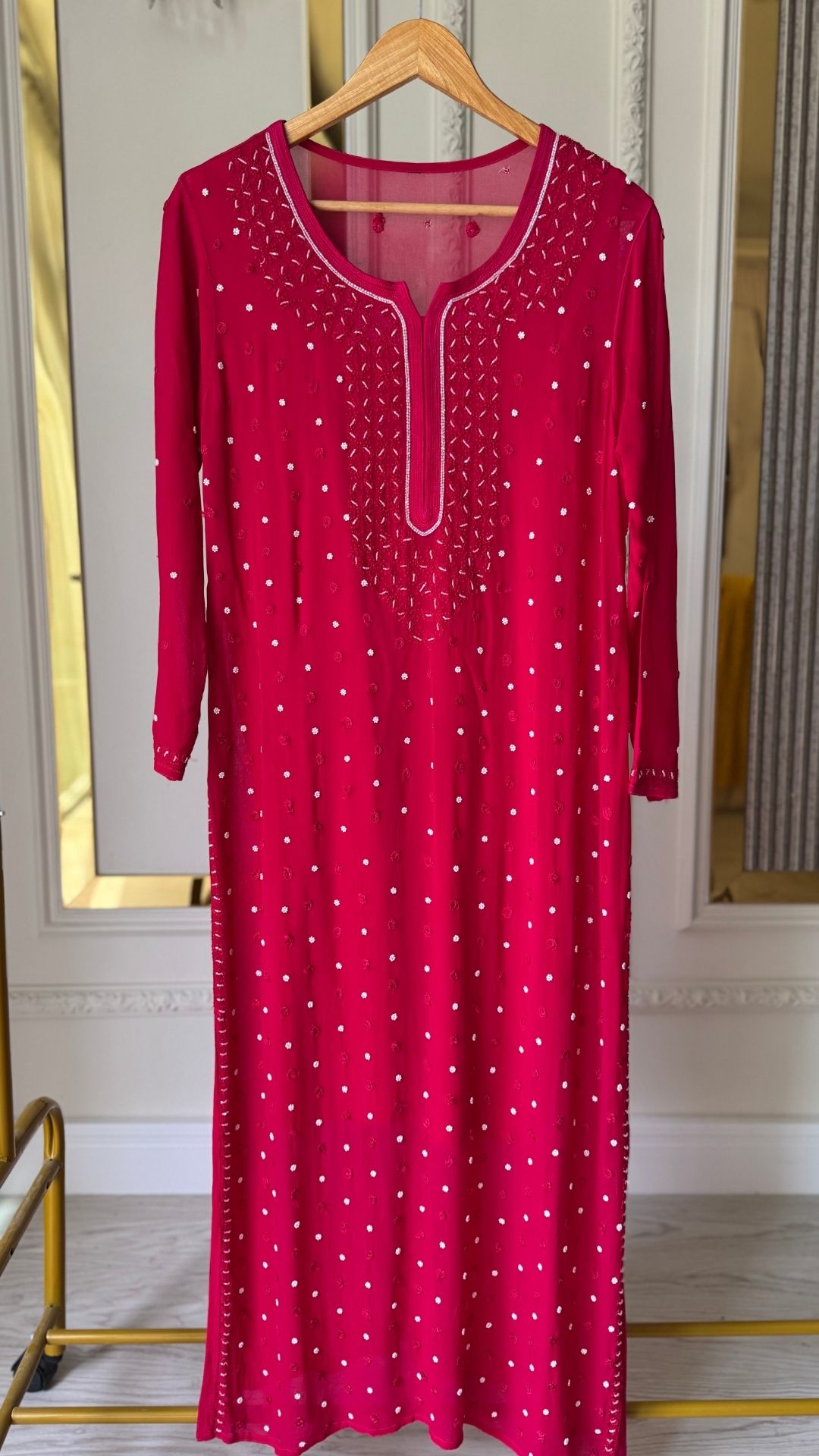 Viscose Georgette Pearl Work Solid Long Kurta - Fuchsia Pink